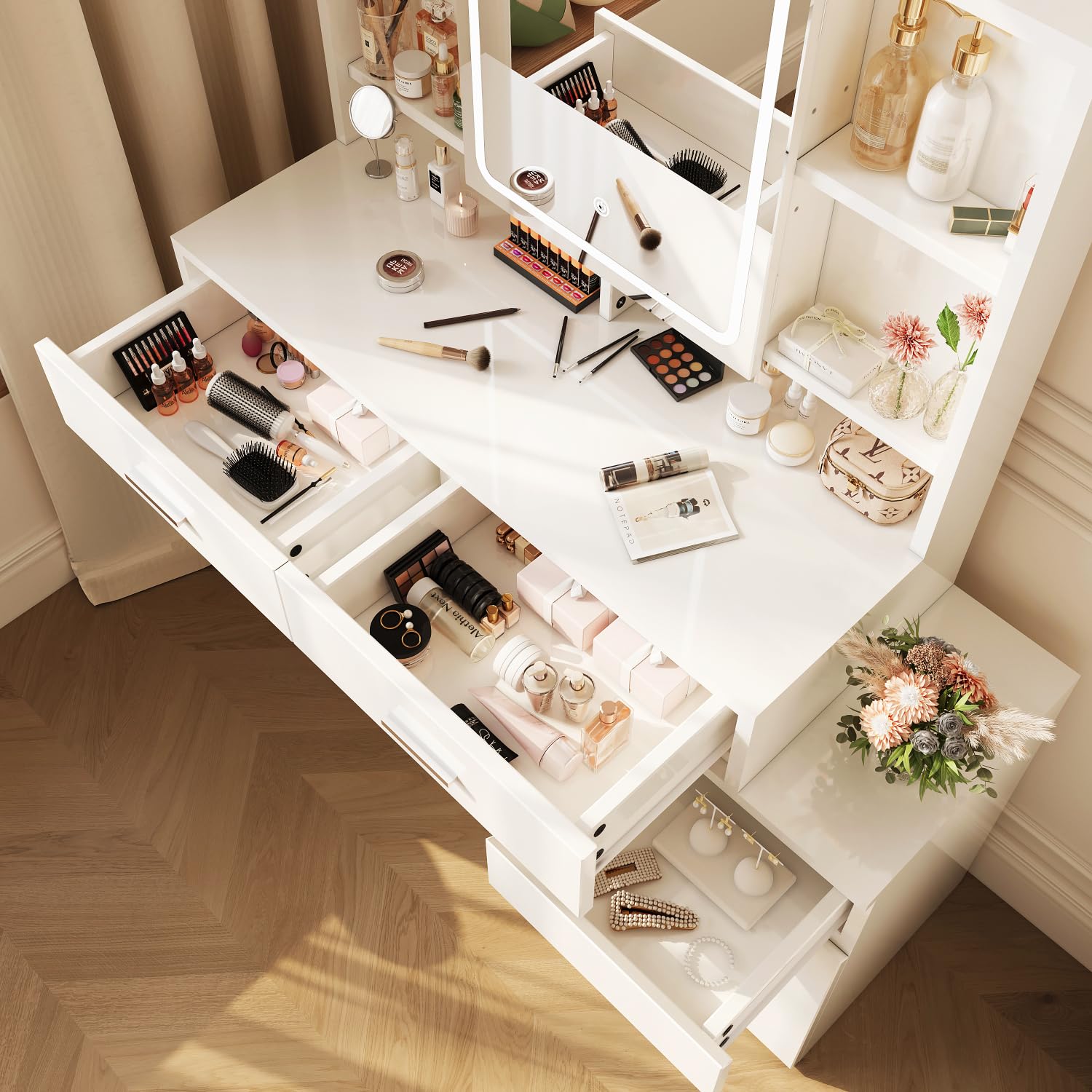 JUMMICO Coiffeuse avec éclairage Miroir LED (3 Niveaux de luminosité et 3 températures de Couleur), Grande Coiffeuse avec 6 Compartiments, 2 tiroirs, Armoire latérale et étagère, 117 x 40 x 140 cm