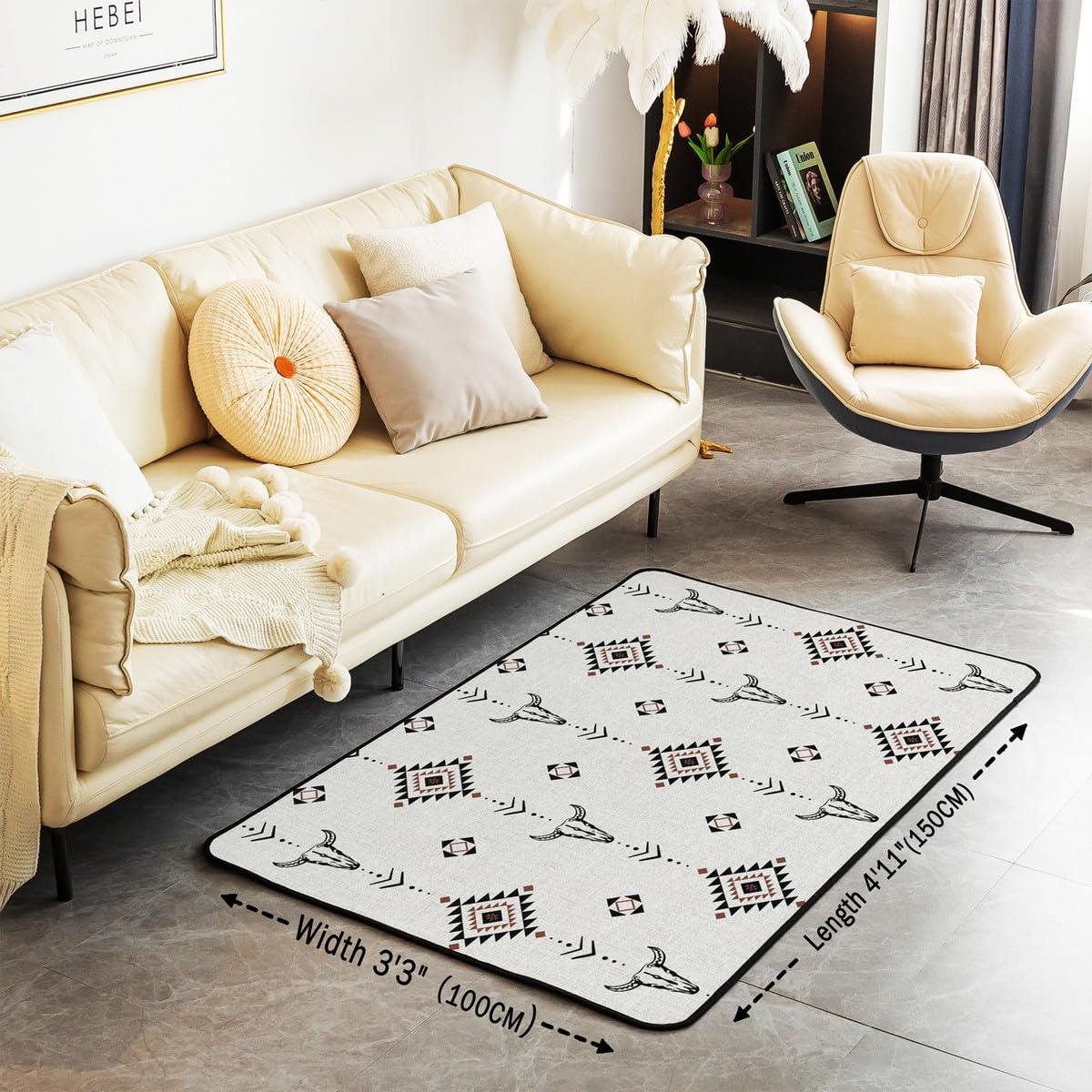 Homewish Tapis Salon 100x150cm Aztèque Occidental, Tapis Chambre Boho Farmhouse, Tapis Sol Garçons Ethnique Sud-Ouest Taureau Crâne Vache, Décoration D'Intérieur Autochtone Sud-Ouest
