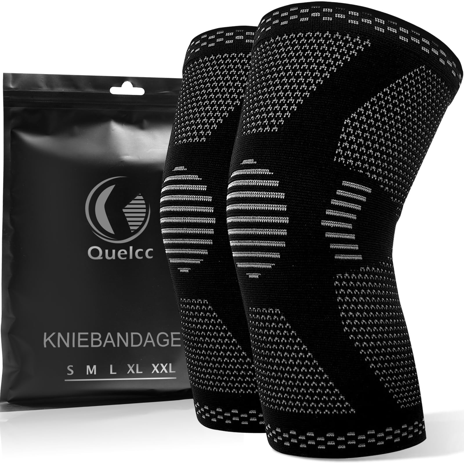 Quelcc 2 Pack Kniebandage Set, Kompression Kniestütze für Meniskusriss, Kniestütze für Damen und Männer, Rutschfeste Atmungsaktiv für Kniescherzen Lindert, Sport, Schwarz, L