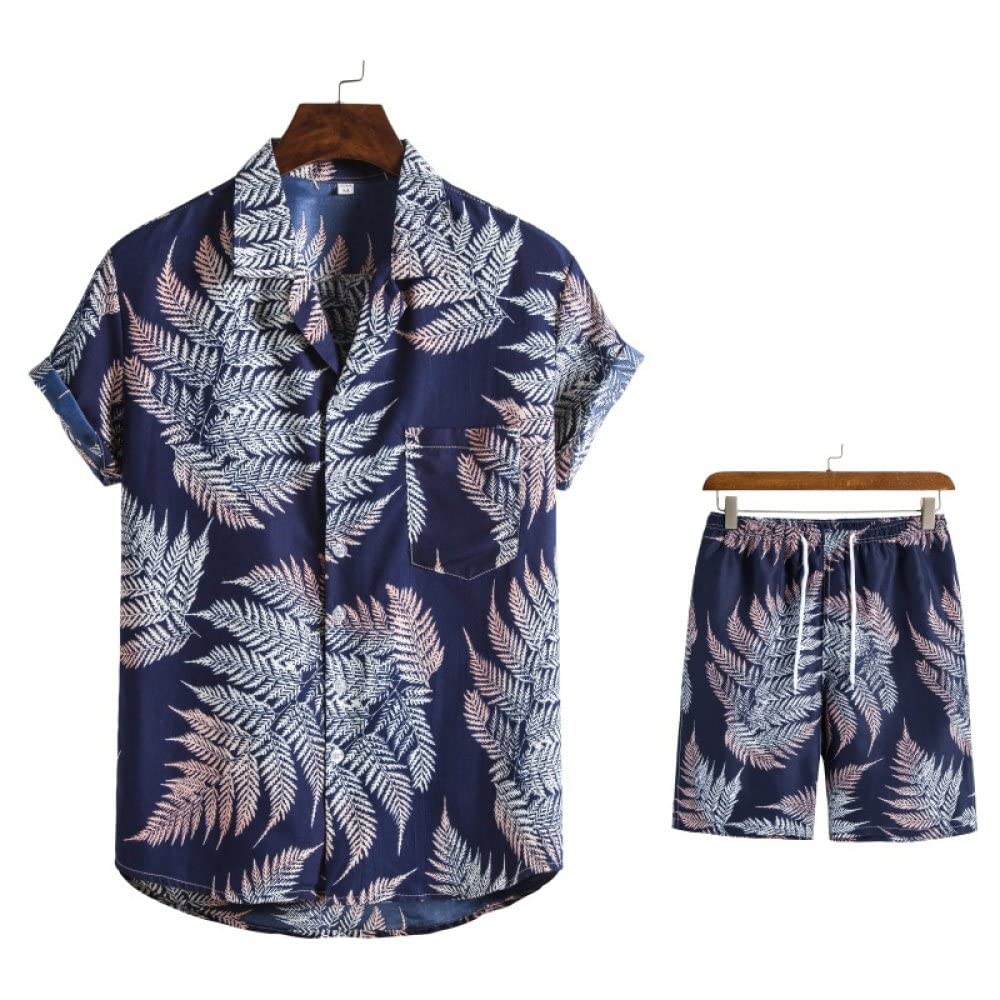 Camisa Hawaiana Hombre, Camisa Hawaiana Para Hombre Y Pantalones Cortos De Playa Hawaianos Conjunto Azul Marino Hojas De Plantas De Algodón Trajes De Hawaii Camisa De Playa De Manga Corta Casual Y