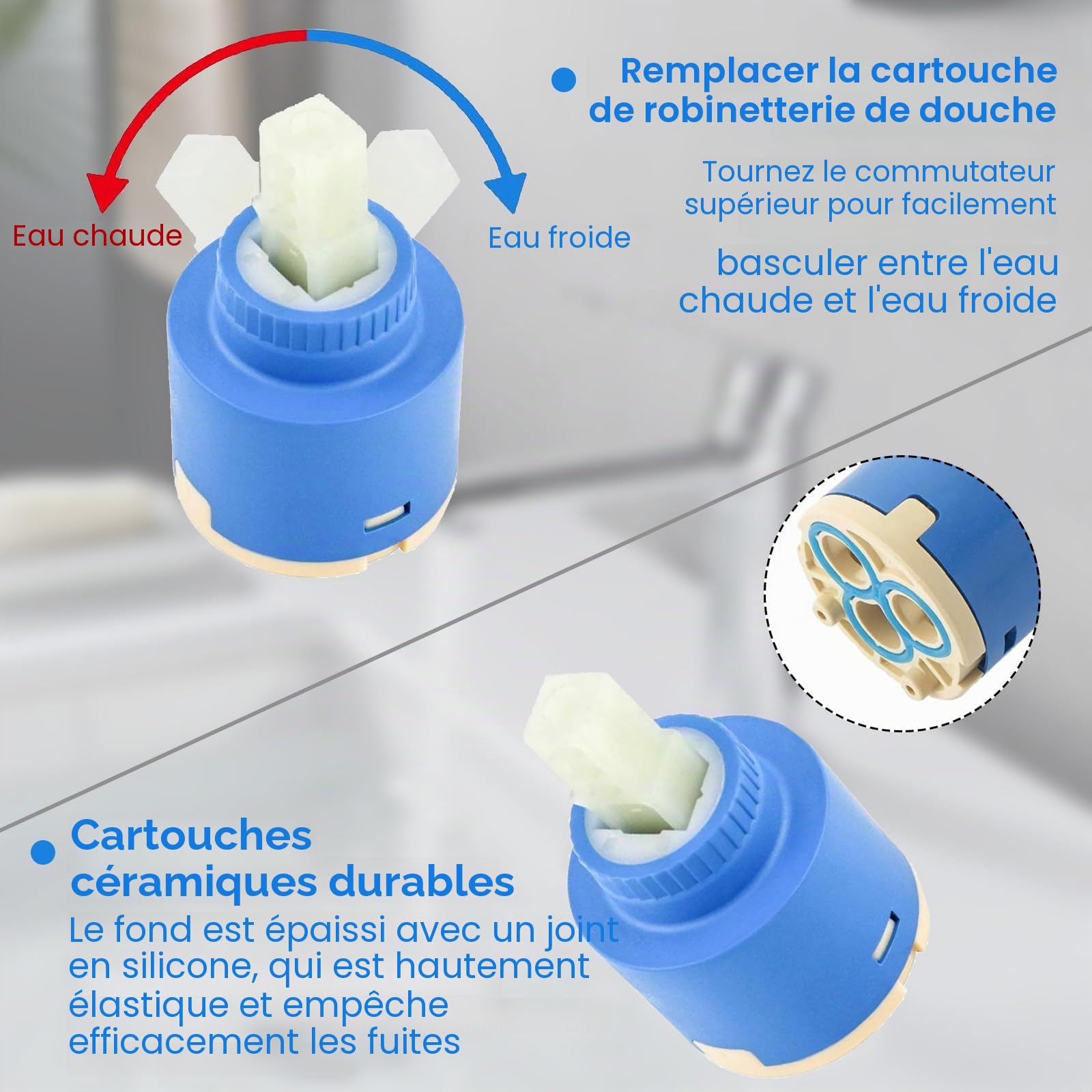 Lot de 2 cartouches en céramique 35 mm, cartouche pour robinet, cartouche de mélangeur, pour robinets monocommande, cartouche de rechange pour pièces de robinetterie pour évier de cuisine, évier