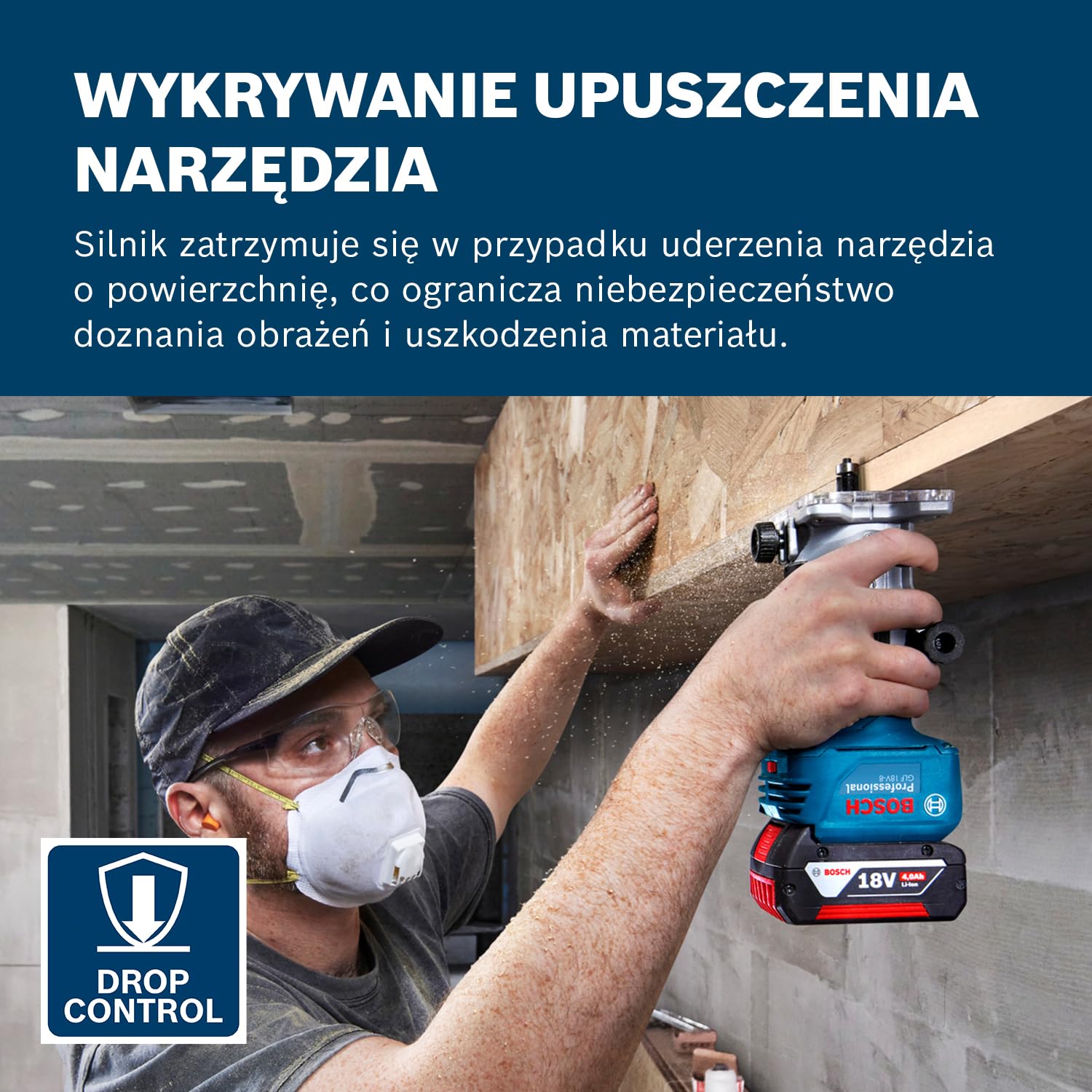 System profesjonalny 18 V firmy Bosch: frezarka akumulatorowa GLF 18V-8 (adapter do odsysania pyłu – frezowanie powierzchni, prowadnica rolkowa, tuleja zaciskowa 8 mm, klucz, bez akum./ładowarki)