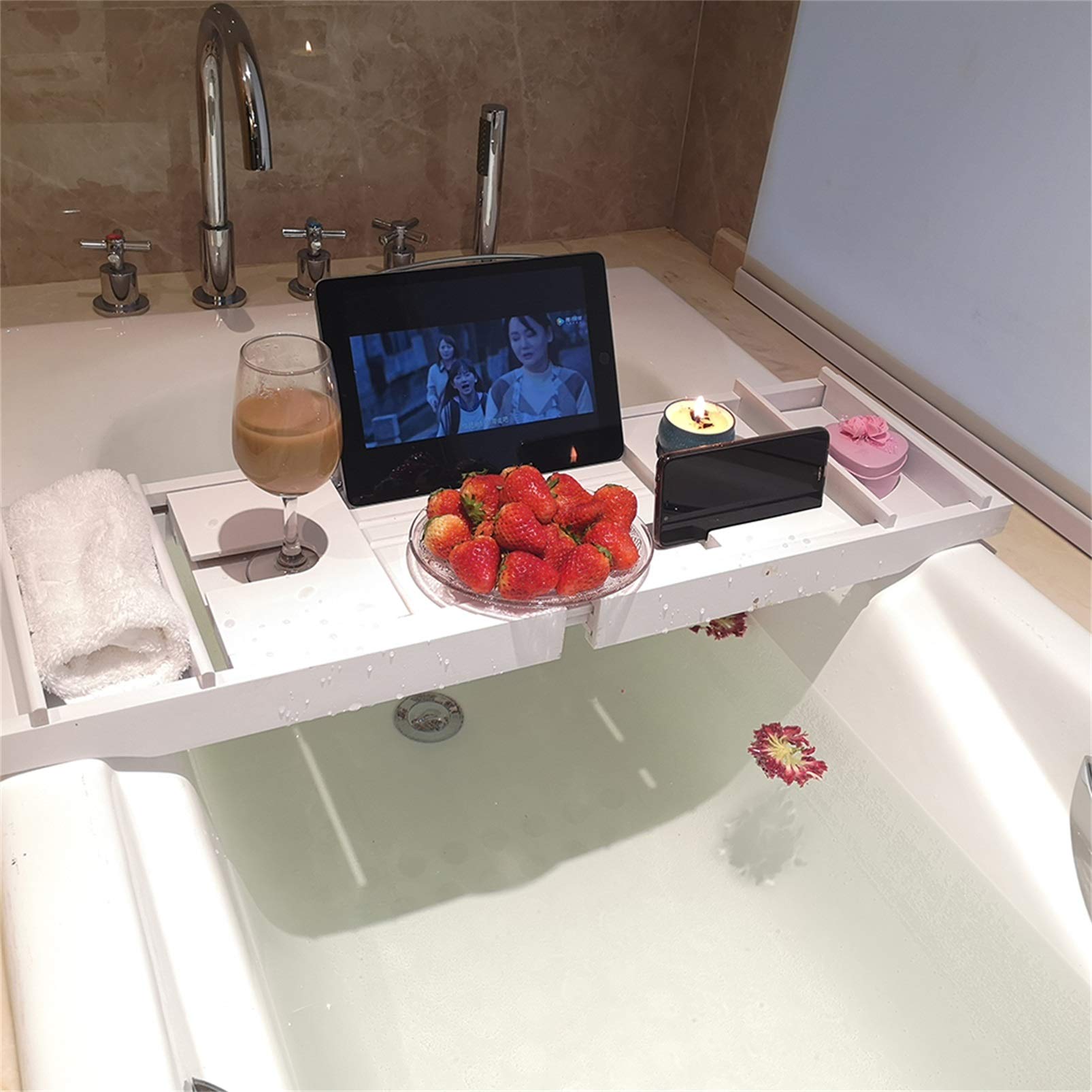Genérico Bandeja de bambú expandible para bañera, Organizador de baño con Estante de Lectura, Estante de Madera para bañera de hidromasaje, Puente de Almacenamiento para relajación en el baño