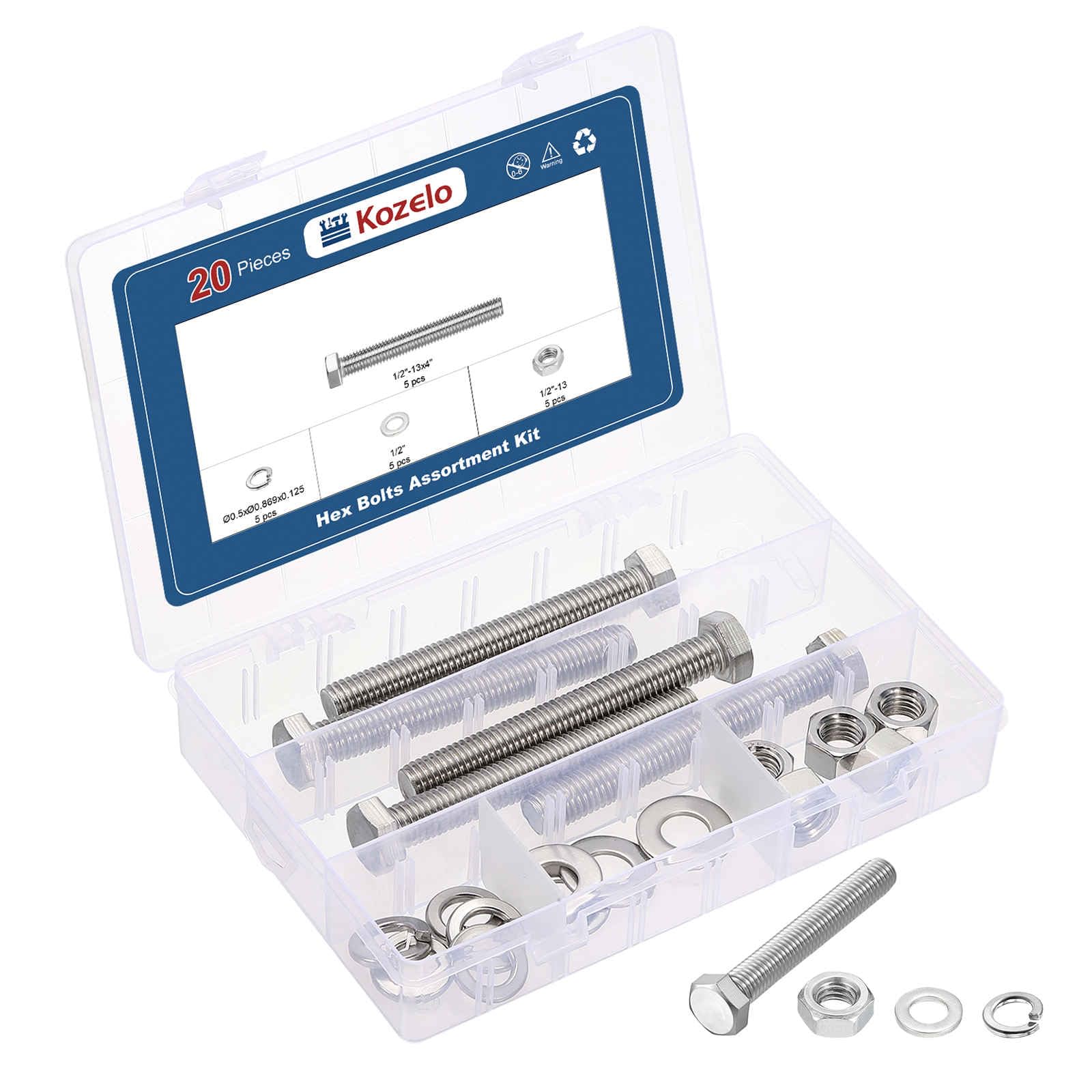 Kozelo 20 Pcs Bolts and Nuts Washers Kit - [1/2"-13x4"] 304 Stainless Steel Hex Tap Bolt Assortment Fully Threaded Hexagon Head Machine Bolts Right Hand External Hex Drive, Silver Tone — image 1
