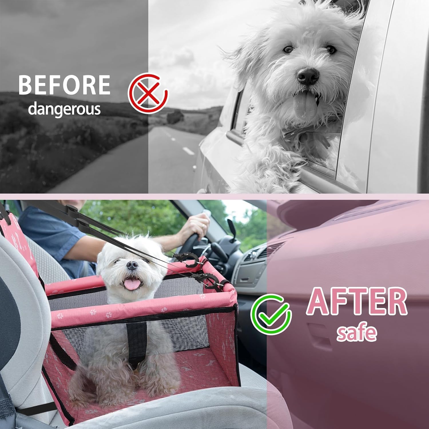 MEISO Siège Auto pour Chiens, Sac de Transport Chien et Chat avec Ceinture de Sécurité, Auto Chien avec Tige de Support de Nivellement, Pliable, pour Chiens adapté aux Animaux de Petite Moyenne (Rose)