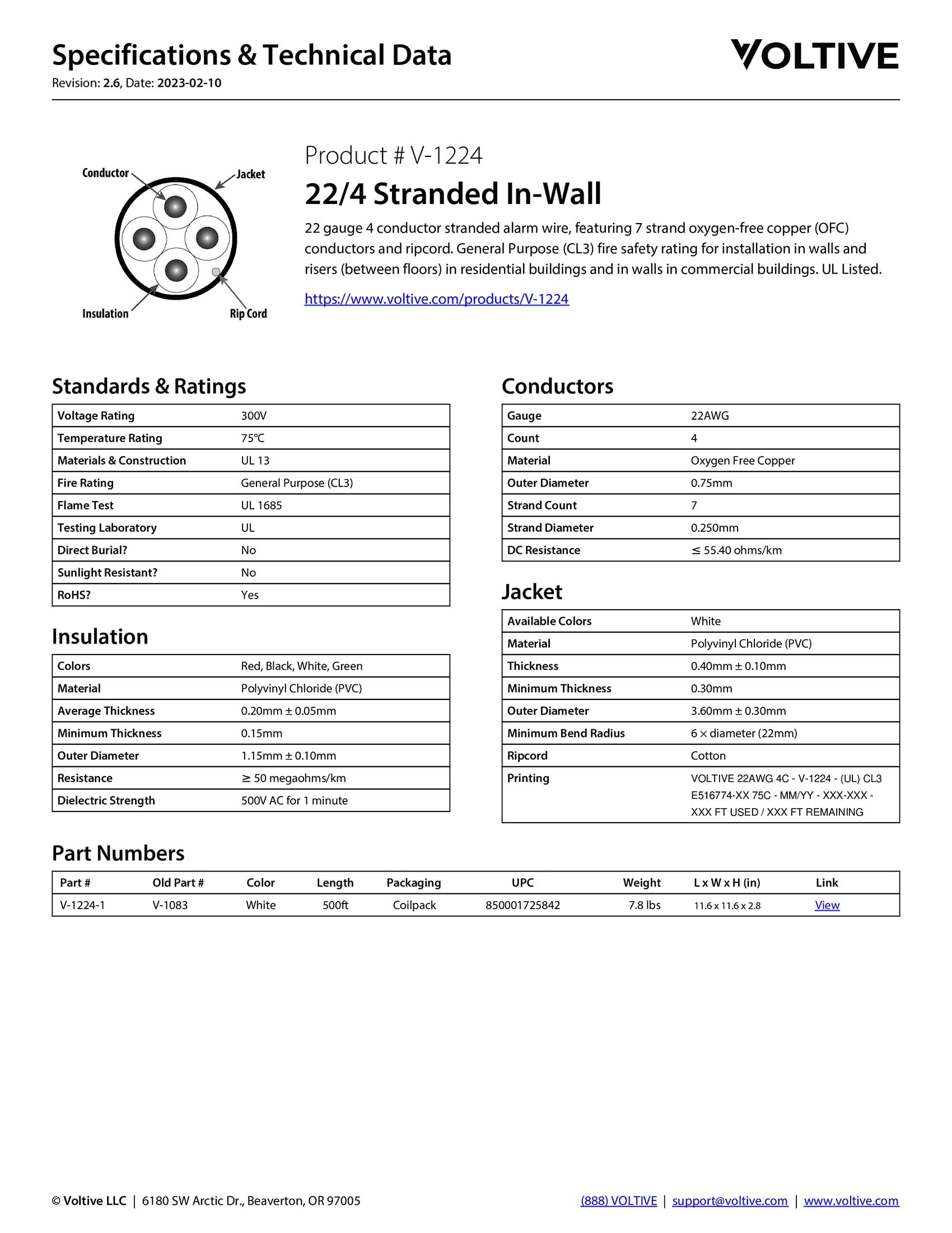 Voltive V-1224-1 22 AWG, 22/4 Litze, Wandlitze, CL3, Weiß, 152,4 m – 22 AWG, 4 Leiter, blankes Kupfer, UL-gelistet
