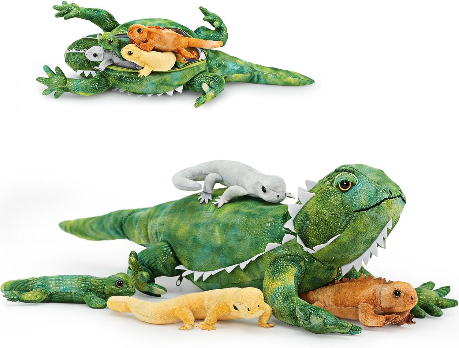 MorisMos Realistic Green Lizard Plush Toy with Baby Inside, 67cm Stuffed Iguana Teddy for Boys, Cuddly Bearded Dragon Reptile Animal Soft Toys for Kids, Girls, Christmas Birthday Decoration