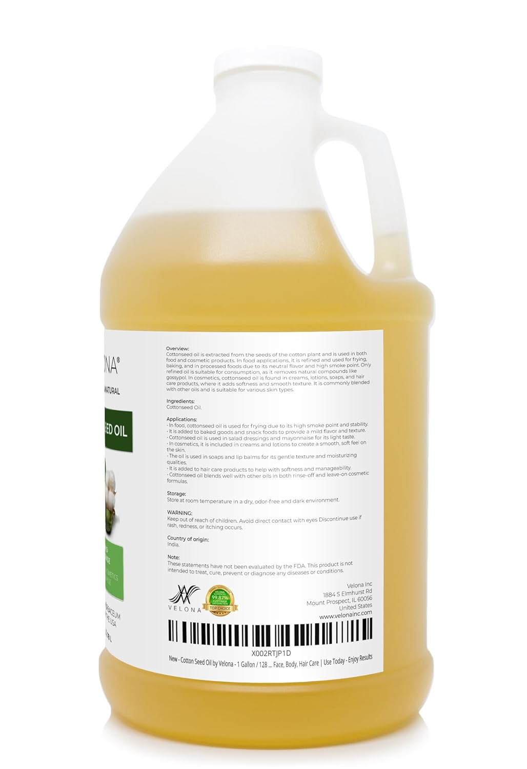 Cotton Seed Oil by Velona - 1 Gallon / 128 Fl Oz | 100% Pure and Natural Carrier Oil | Refined, Cold pressed | Cooking, Skin, Face, Body, Hair Care | Use Today - Enjoy Results