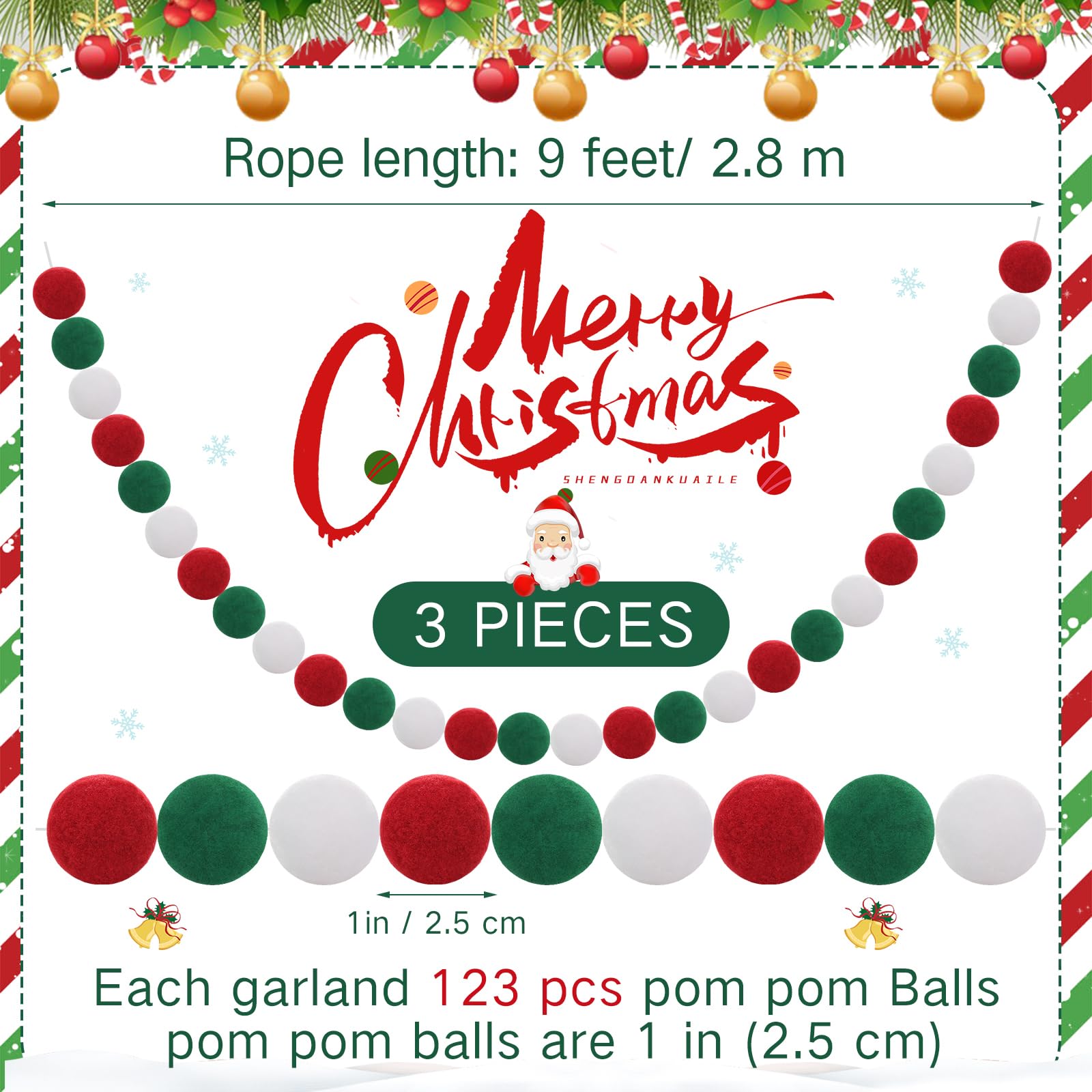 Briwooody 3 guirnaldas de pompones de Navidad de 9 pies, 123 bolas colgantes de fieltro, pompones, guirnalda para pared, árbol de Navidad, decoración interior del hogar (rojo, blanco y verde)