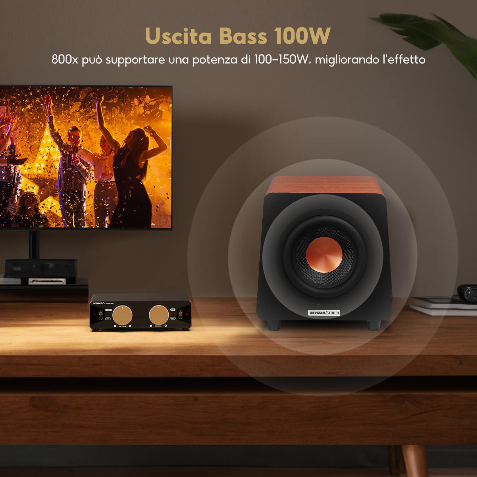 AIYIMA 800X 8 pollici Subwoofer alimentato, incredibilmente bassi profondi e amplificatore altoparlante subwoofer amplificato per home theater, ingressi RCA/AUX/LFE