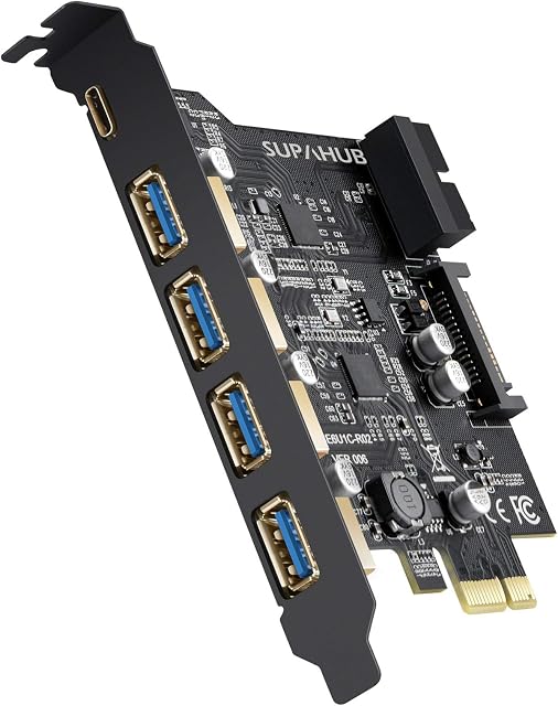SupaHub PCI-E to USB 3.0 Card 4 Type A and 1 Type C USB 3.0 5-Port, USB 3.1 Gen1 PCI Express Card BandWidth up to 5.0 Gbps, Capable of Expanding another 2 Front panel USB 3.0 Ports