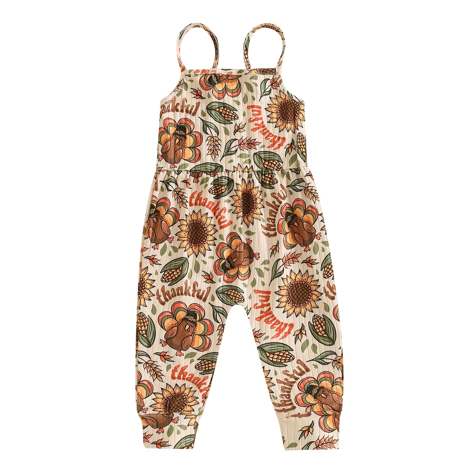 Thanksgiving Toddler Baby Girl Outfit Turkey Sleeveless Romper Jumpsuit Overalls Cute Thanksgiving Clothes Outfits (Turkey Sunflower Print Brown, 2-3 Years)