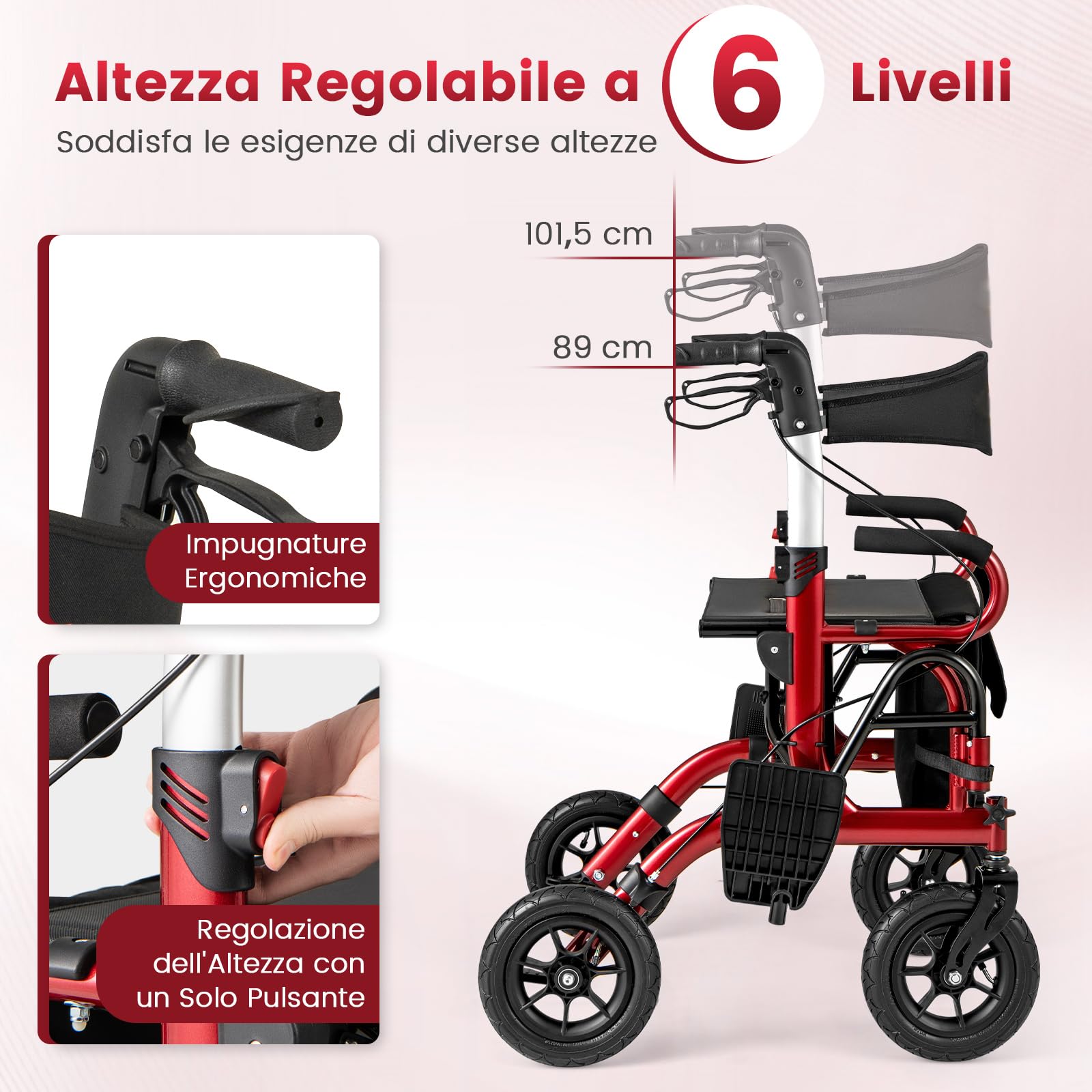 RELAX4LIFE 2 in 1 Deambulatore per Anziani, Sedia a Rotelle, Deambulatore con Seduta e 4 Ruote, Rollator Pieghevole in Alluminio Leggero, Portata Massima 140KG (Rosso, 74 x 64 x 89-101,5 cm)