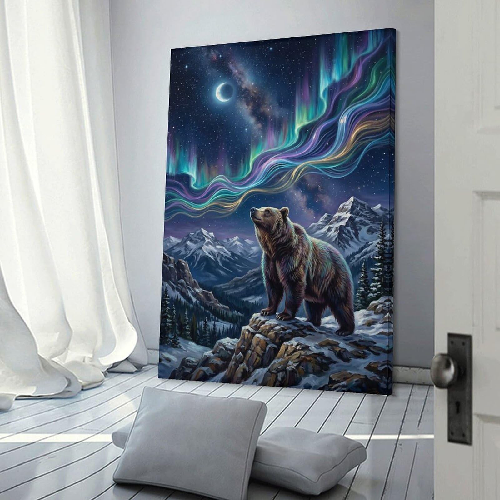 Junmoney Bear Under Aurora Borealis Wall Picture Print 24x36inch(60x90cm), for Home Walls, Creative Rooms Or Shared Spaces, Stylish Home Artwork for Focal Walls
