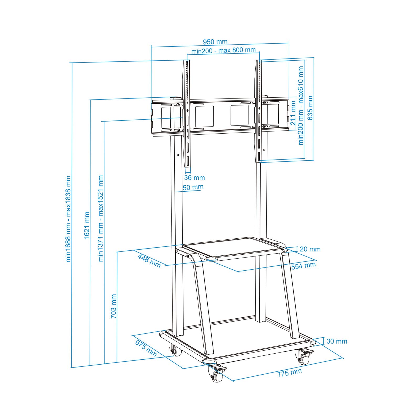 TooQ FS20100M-B - Supporto da pavimento con ruote per TV da 37" a 100", fino a 150kg, nero