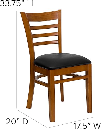 Miniatura 2 de Flash Furniture Hercules Series Silla de restaurante de madera de cerezo con respaldo de escalera, asiento de vinilo negro