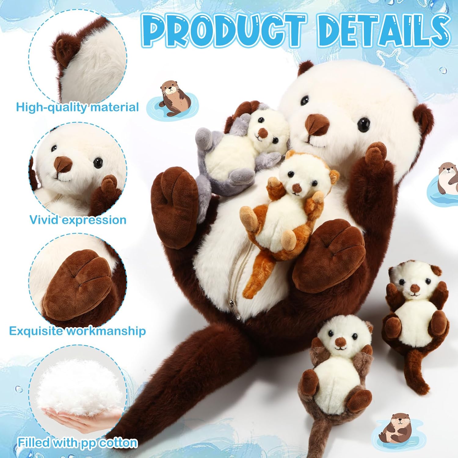 Shappy 5 Pcs Valentine's Day Sea Otter Stuffed Animals Large Mommy Sea Otter Stuffy Plush with 4 Cute Babies in Her Zippered Belly Soft Cuddly Plushies for Birthday Gifts Ocean Party Decors(Brown)