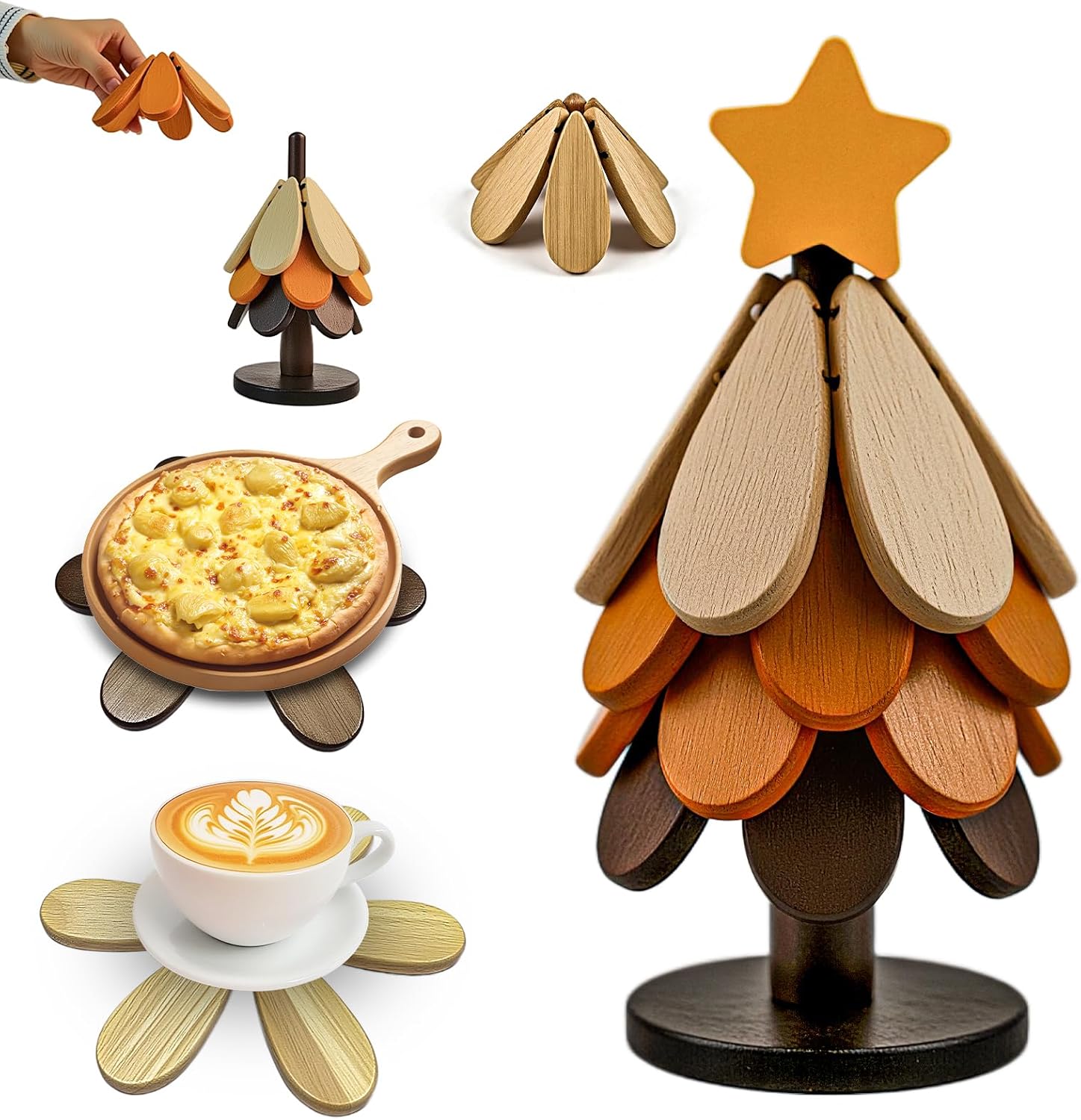 Wooden Trivets for Hot Dishes, Wooden Tree Trivet Set, Natural Tree Trivet Set - Foldable Coasters for Kitchen Counter, Hot Pots and Pans, Heat Resistant Table Protectors