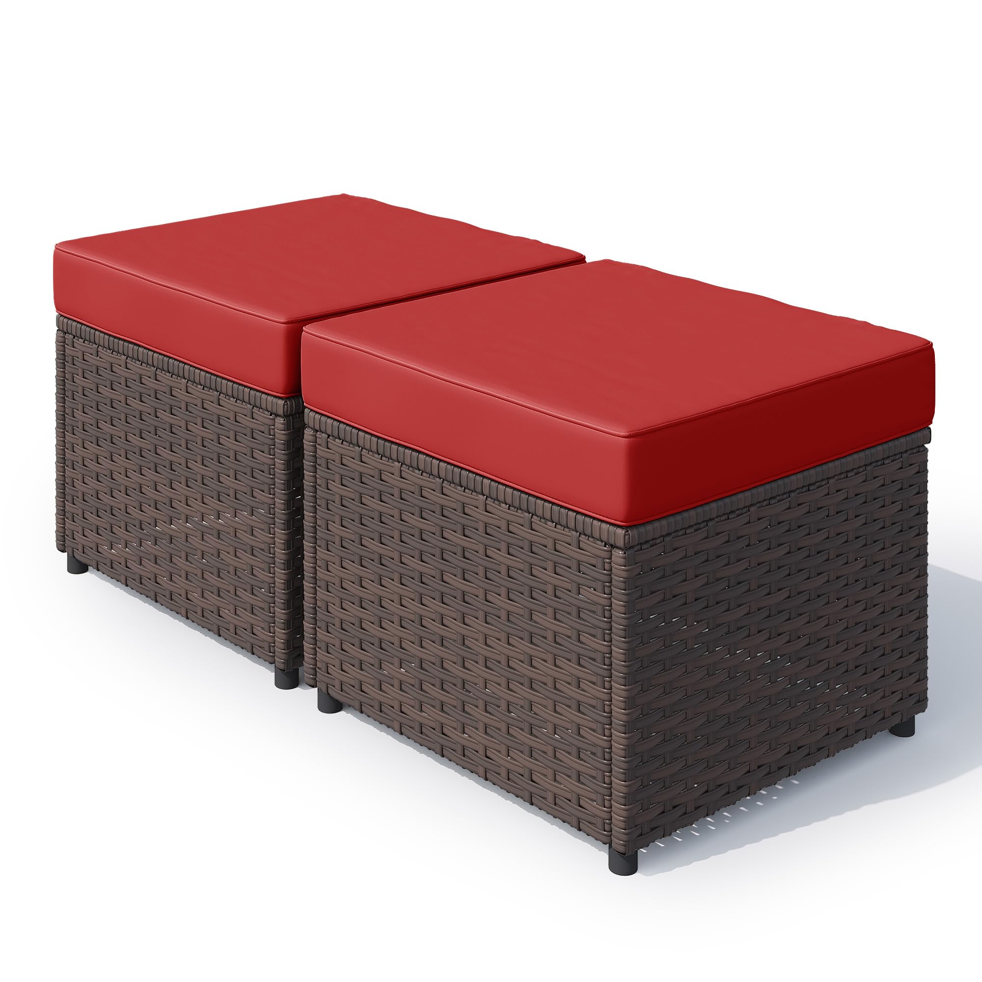 HOMREST Outdoor Patio Ottomans Set of 2, 20-Inch All-Weather PE Wicker Footstool with Removable Cushions, 3-in-1 Function Extra Seating &amp; Side Table for Backyard, Balcony, Poolside (Wine Red)