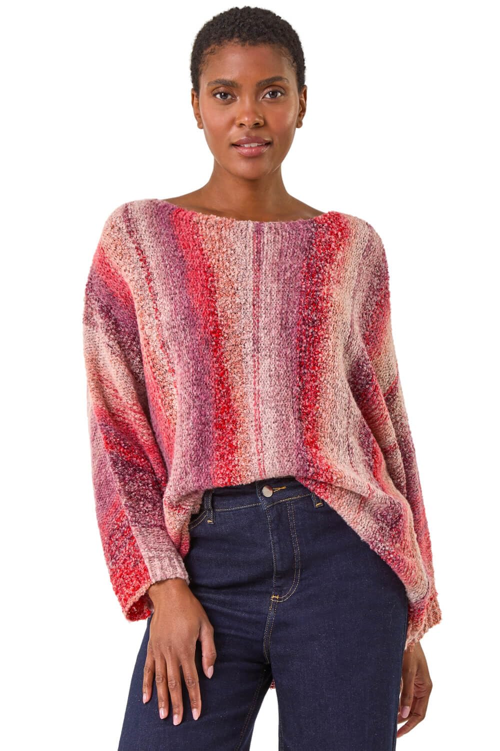 Roman Originals Women's Pink Slash Neck Boucle Knit Jumper For Uk - Everyday Autumn Winter Round Neckline Comfy Soft Evening Vacation Work Party Night Out - Size 10