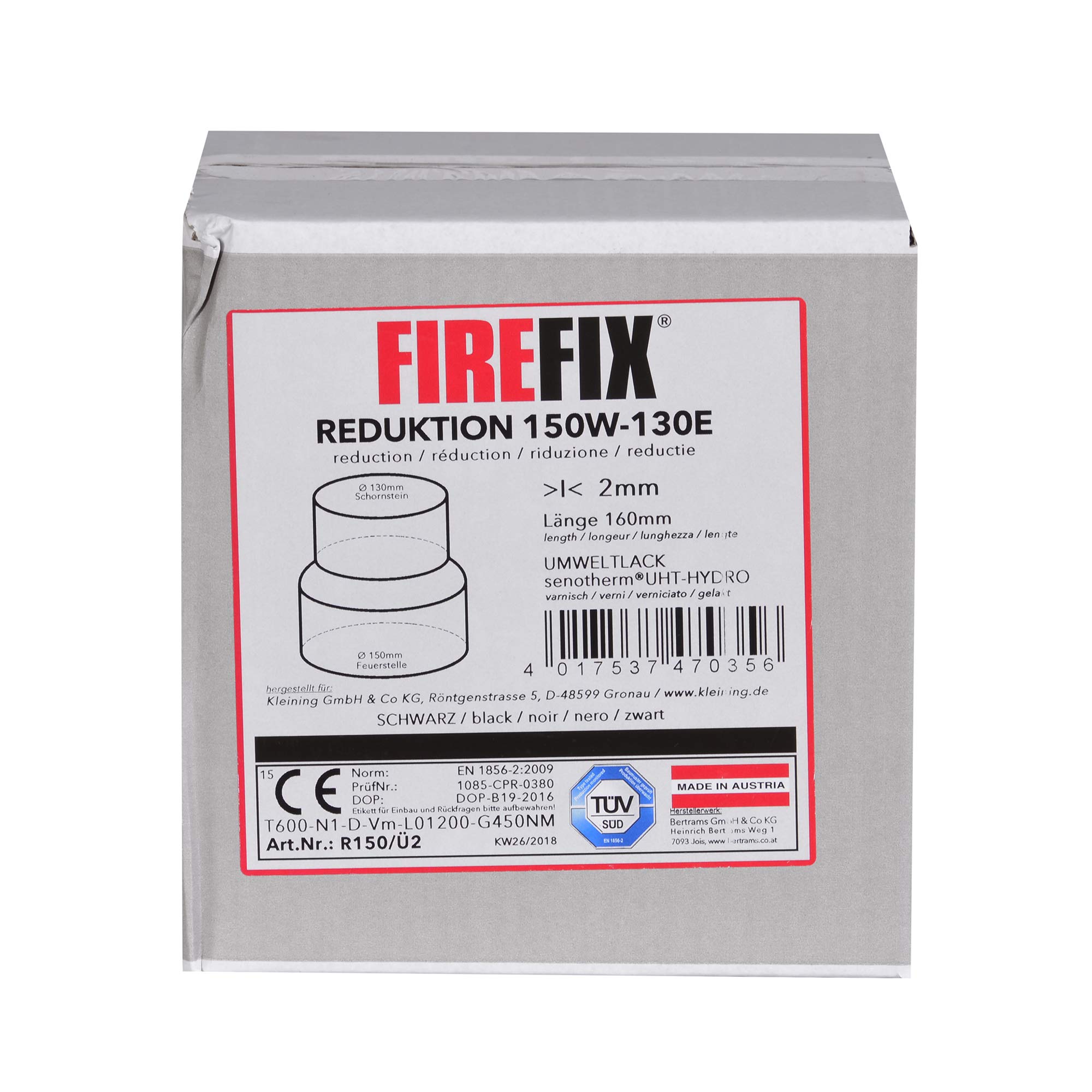 FIREFIX R150/Ü2 Riduzione da 150 a 130 per tubi fumatori da 2 mm di spessore, laccato nero, da 150 mm di attacco a parete da 130 mm
