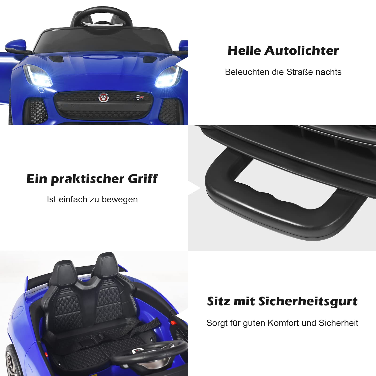 GOPLUS Elektroauto Jaguar, 12V Kinderauto mit 2,4 Ghz Fernbedienung, Softstart, LED Licht, Hupe, Musik, Sicherheitsgurt, 3-5 km/h, Kinderfahrzeug für Kinder ab 3 Jahre bis zu 25 kg (Blau)