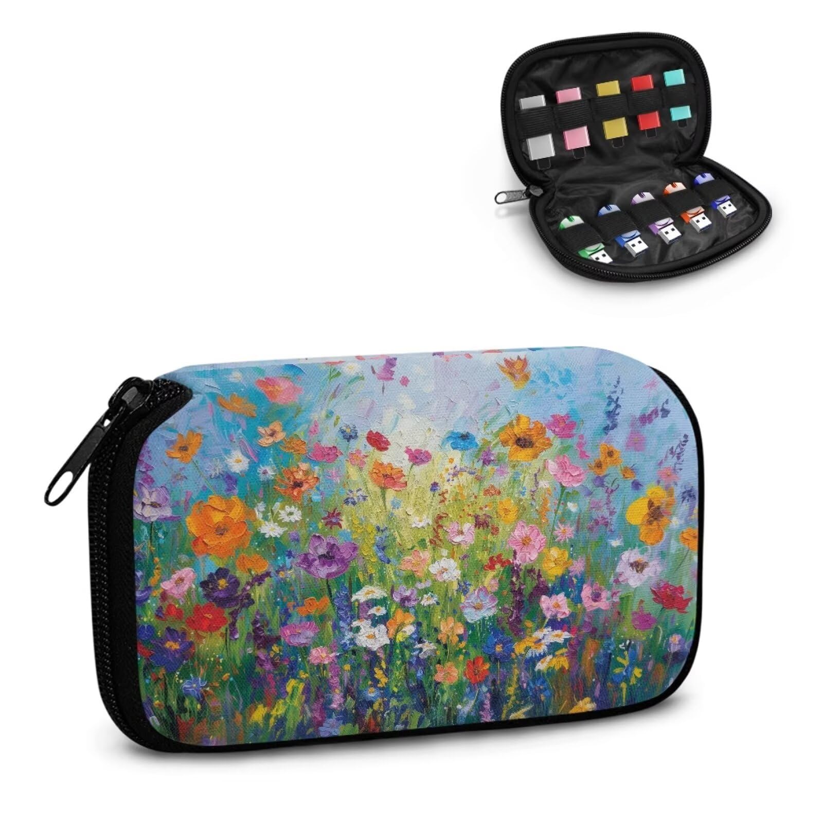 Vanideaoty Oil Paintings USB Storage Flash Drive Case with 10 Slots Floral Electronic Organizer Travel Case Electronic Organizer Compatible with Samsung/Sandisk/Jump Drive,etc (Box Only)