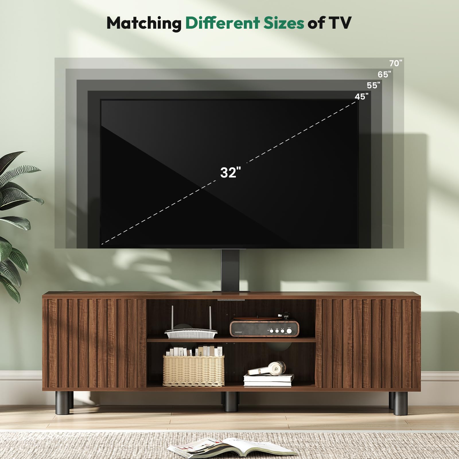 TV-Stand with Mount and Power Outlet, Fluted TV Stand for 65 70 75 Inch TV, Entertainment Center with Storage, Media Console Table for Living Room, Walnut