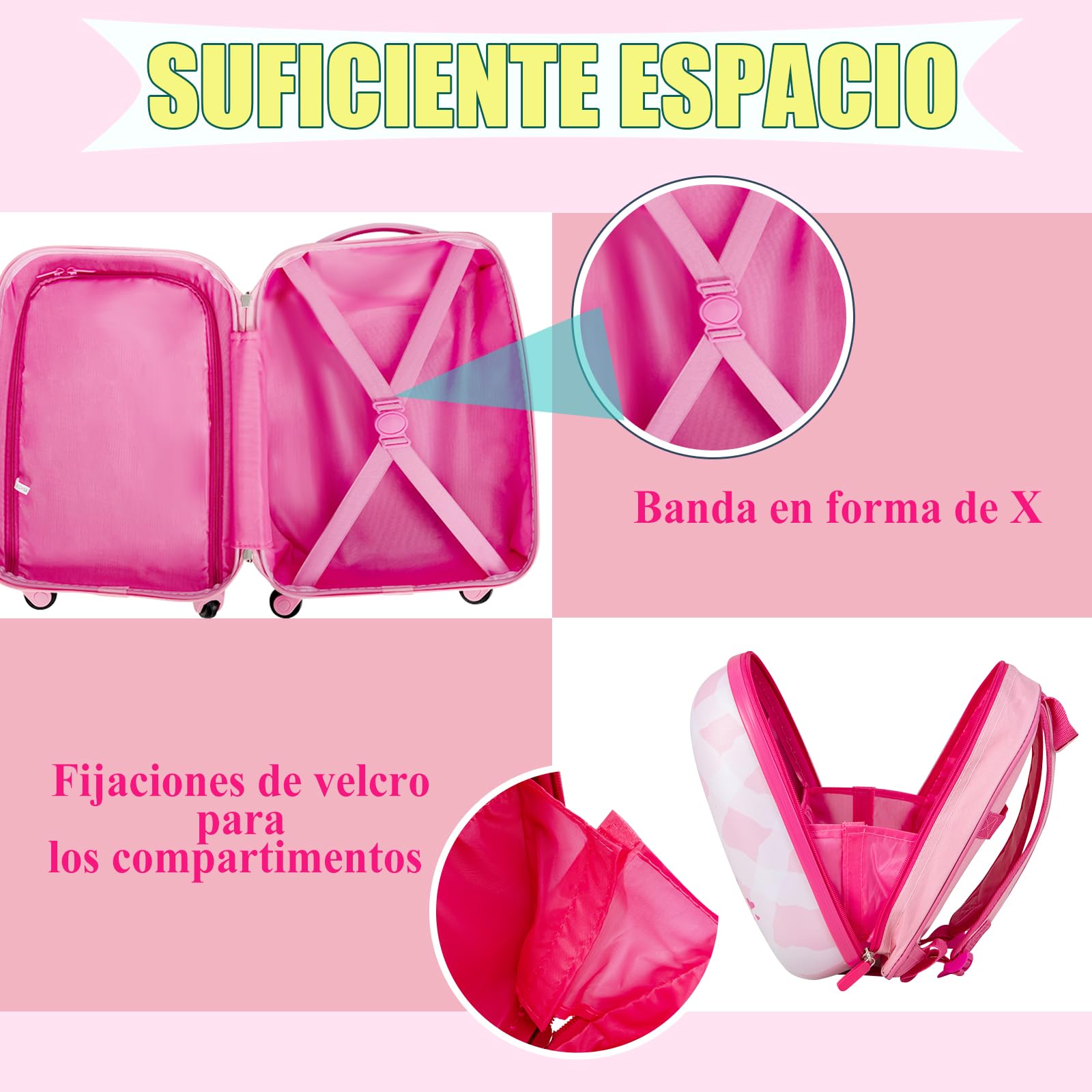 SOARS Set di Valigia 16’’ + Zaino 12’’ per Bambini 2 Pezzi, Bagagli 2-in-1 con Zainetto da Viaggio Aereo, Trolley con Maniglia Telescopica e 4 Ruote a 360° (Rosa Unicorno-A)