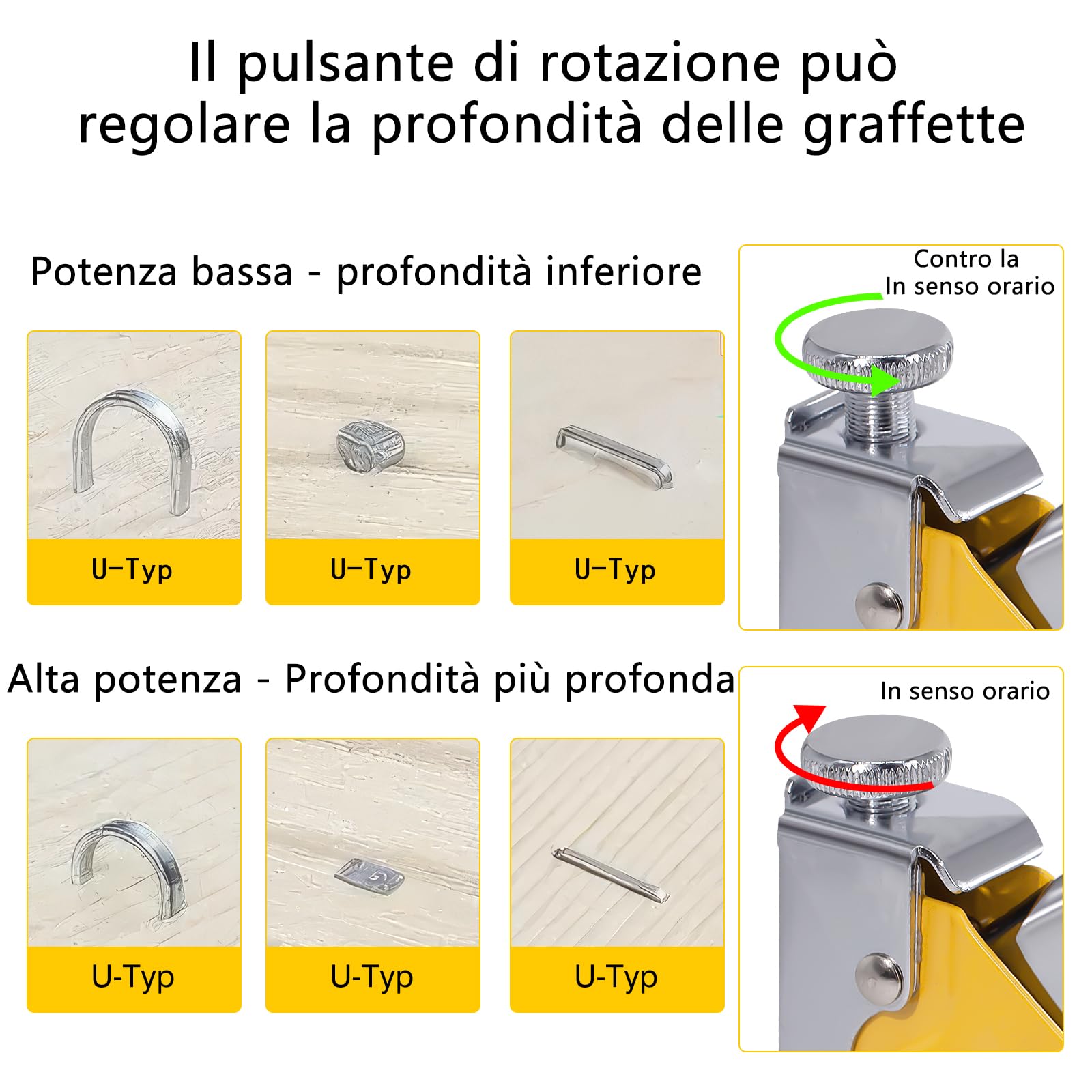 Tutee 3 In 1 Hand Staple Set Graffettatrice Per Legno，Scatola 300 Chiodi，Adatto Per Decorazioni Di Interni, Decorazioni Per La Casa, Materiali Di Fissaggio, Spillatrice Per Legno (Giallo)