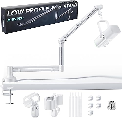 Miniatura 12 de M05 Brazo articulado, soporte de micrófono giratorio 360° con montaje de escritorio, brazo de micrófono de escritorio plegable con adaptador de