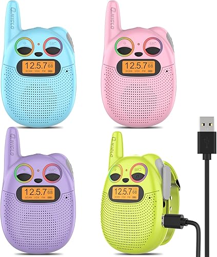 QNIGLO Walkie Talkies para niños, paquete de 4, 22 canales de 2 vías de radio Walkie Talkies, FM de largo alcance para regalos de cumpleaños para