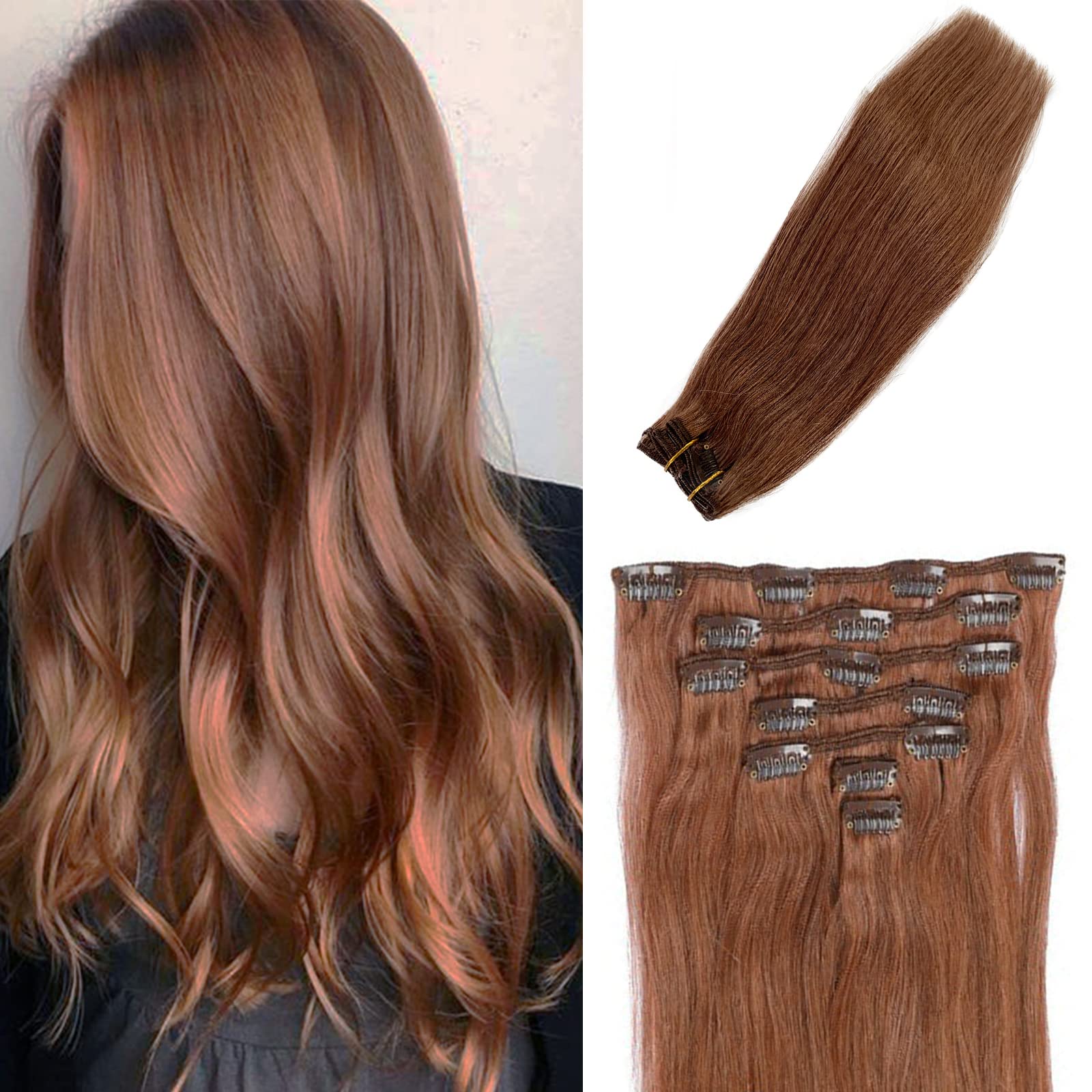 Auburn Hair Extensions Clip in Human Hair 15 Inch 70grams Thick Full #30 Medium Auburn Clip on Hair Extensions Real Human Hair Double Weft for Women