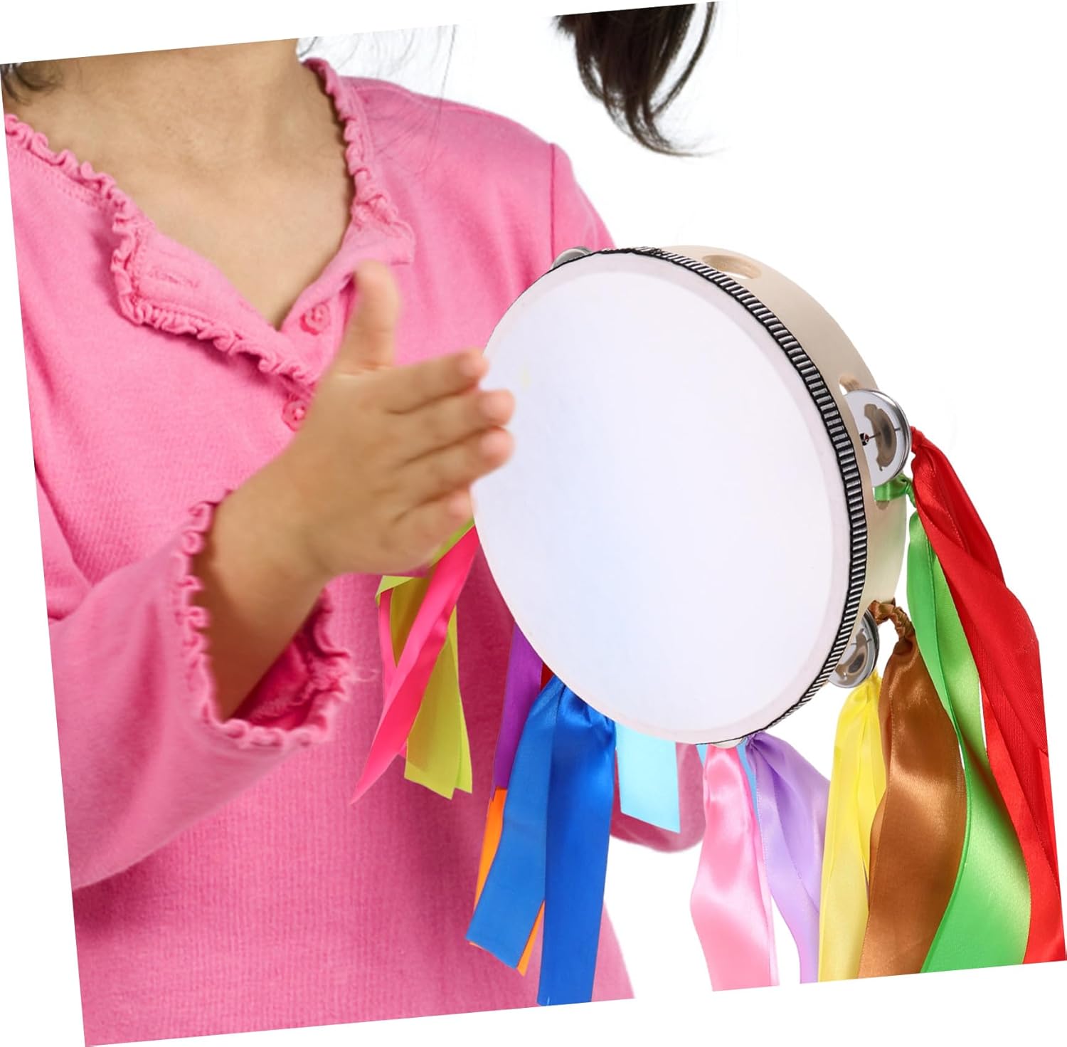 Hand Drum with Ribbons Thickened Handheld Tambourine Stage Performance Percussion Instrument for Dance Sports Events