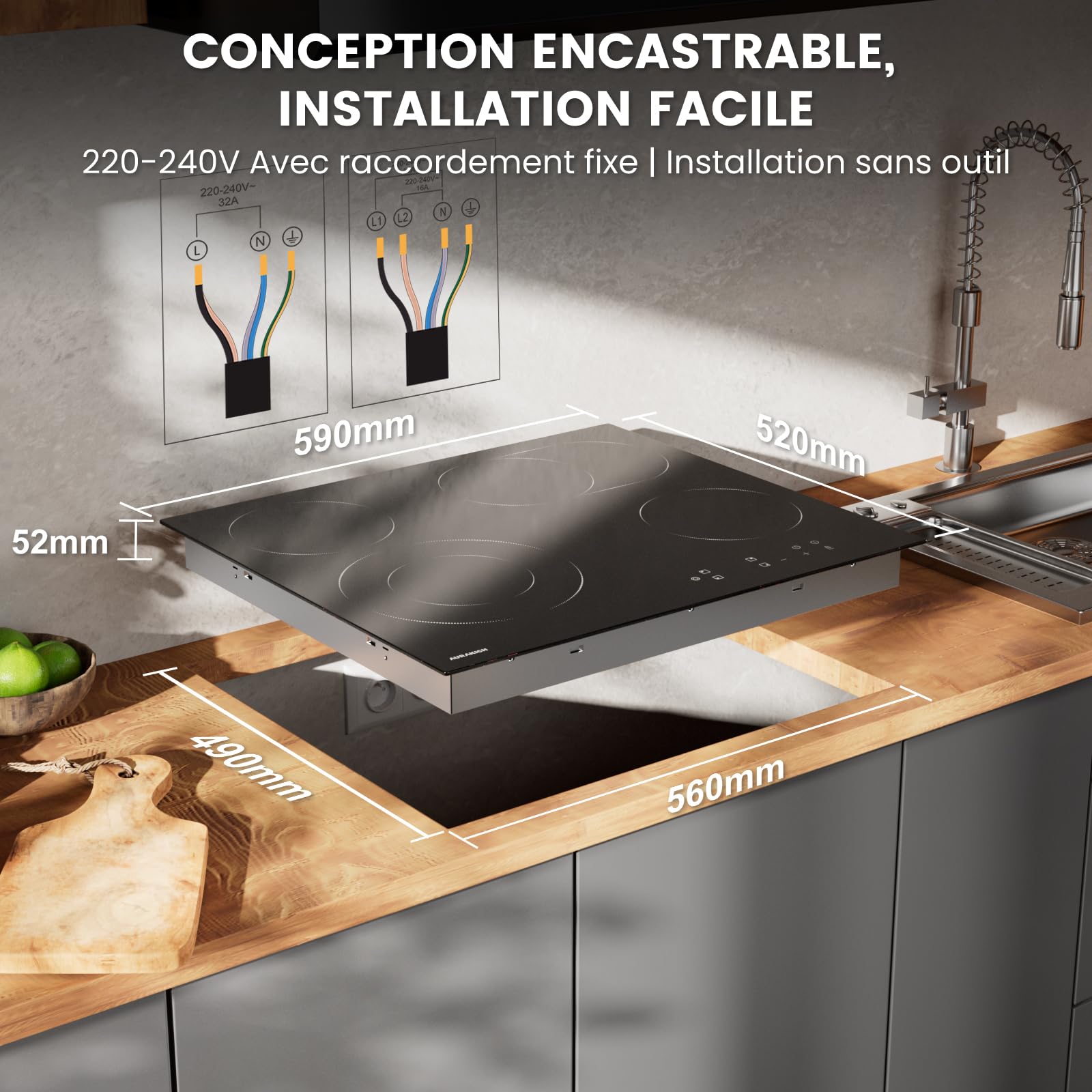 Plaque Vitrocéramique 4 Feux Encastrable 60cm 6600W Commande Tactile Zone Double Ronde Ovale