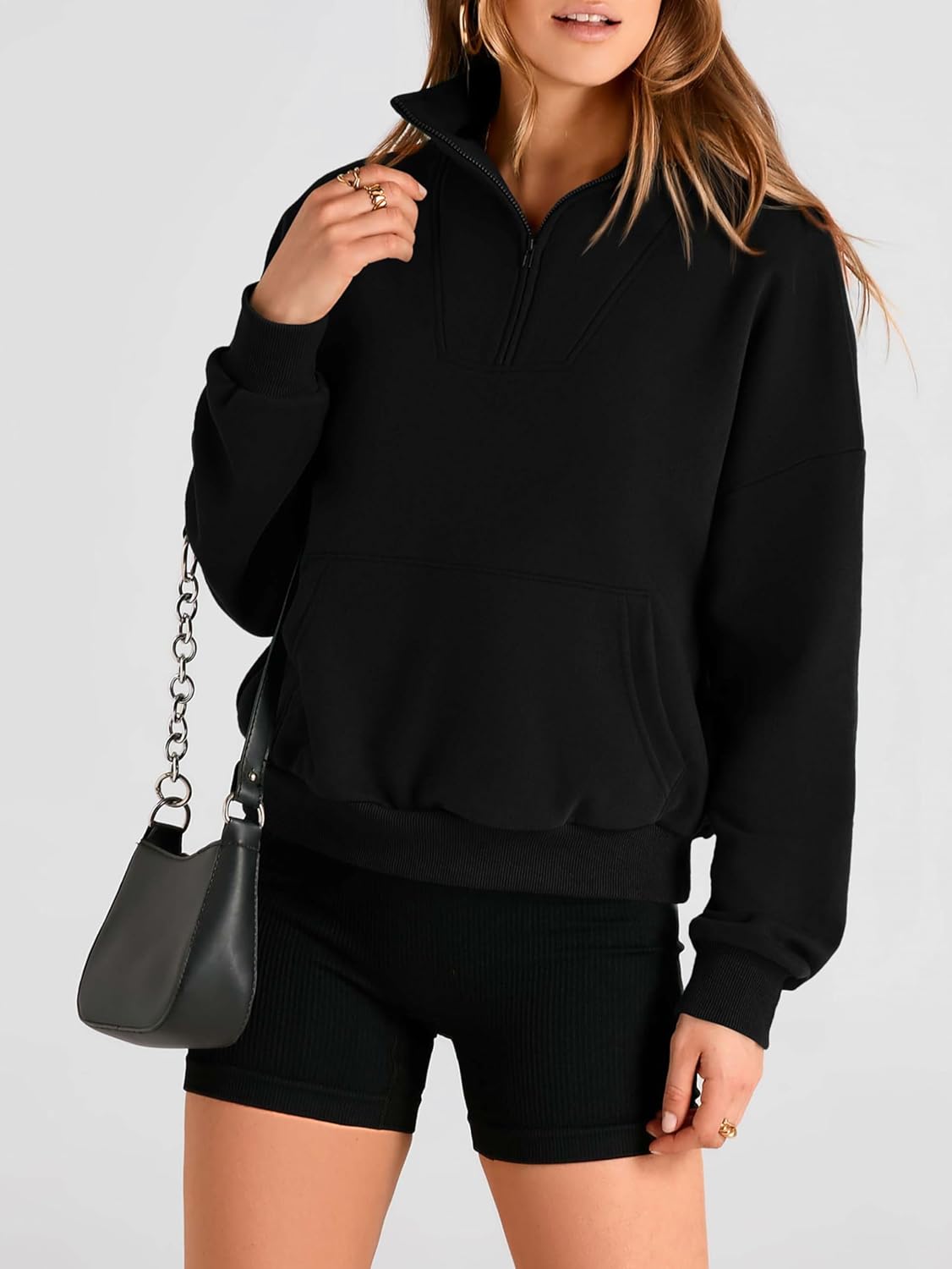 PRETTYGARDEN Womens Quarter Zip Long Sleeve Cropped Sweatshirt 2025 Fall Winter Casual V Neck Pullover Tops With Pockets - Image 4