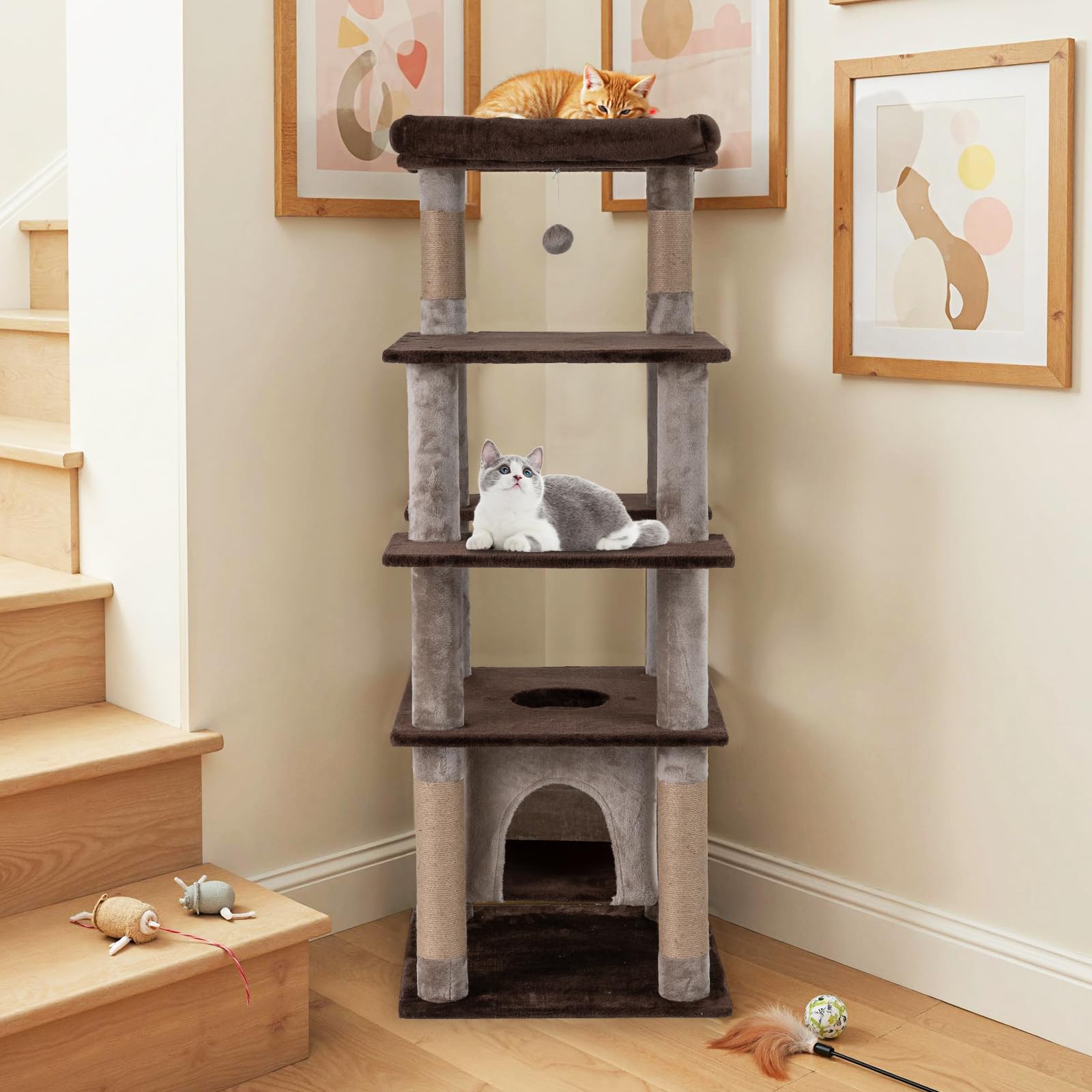 COSTWAY Rascador para Gatos Grandes, Árbol Rascador para Gatos Multinivel, Altura 148 cm con Condominio, Percha de Peluche, Postes Rascadores, Agujero, Pompón y Plataformas, Torre Gato de Interior