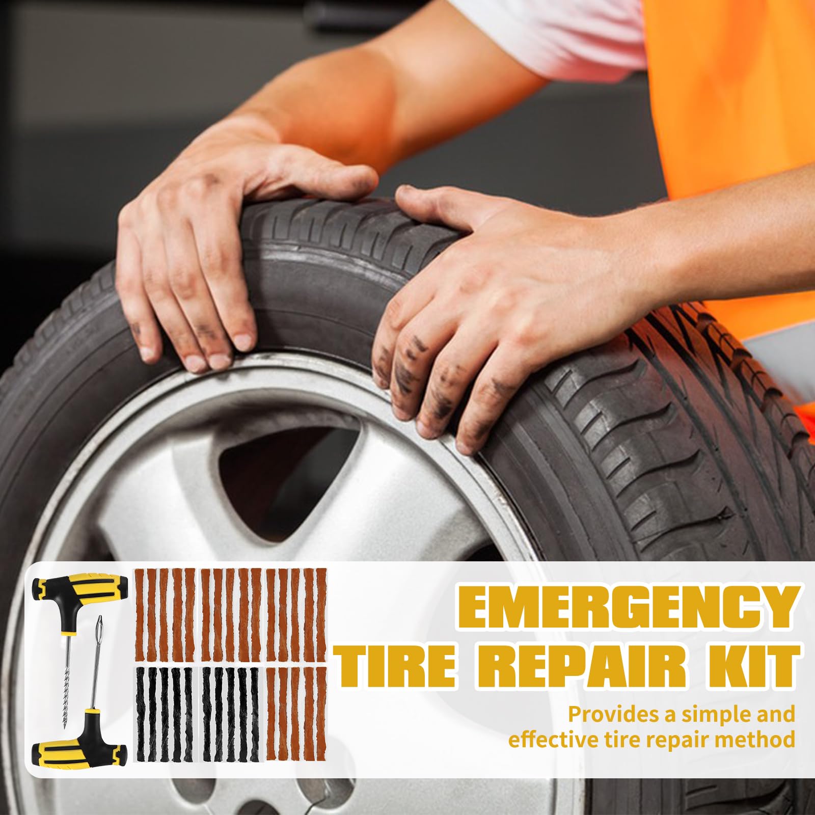 Set di riparazione pneumatici auto, tubeless con 30 strisce di riparazione per pneumatici, 20 strisce marroni e 10 nere e 2 strumenti con impugnatura a T per auto, moto e bicicletta