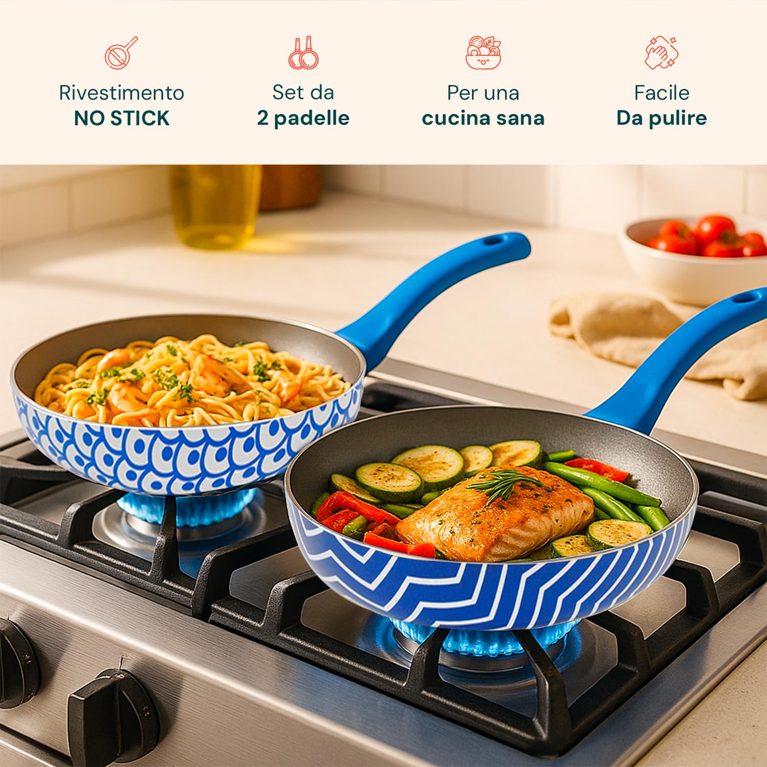 Avilia - Set Padelle Antiaderenti 24-28 cm con Rivestimento a Base d’Acqua per Cottura Sana e Uniforme, Lavabili in Lavastoviglie, Compatibili con Induzione, Manico Ergonomico e Design Mare