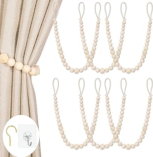 KLOGTSIND Wood Bead Curtain Tiebacks, Set of 6 Curtain Holdbacks for Thin or Thick Window Draperies, Boho Farmhouse Curtain Tiebacks with Hooks, Curtain Tie Backs for Home Office Room Decor