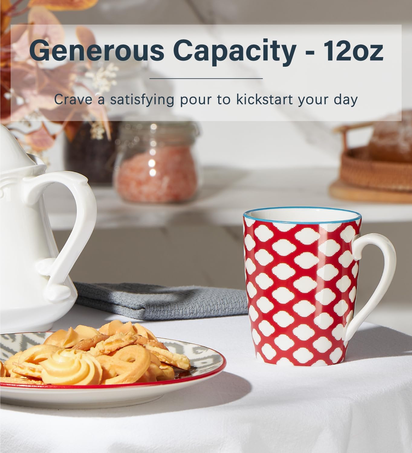 ONEMORE Coffee Mugs Set of 6, 12 oz Ceramic Coffee Cup with Handles, Porcelain Mugs for Latte Cappuccino Tea Cocoa, Microwave Dishwasher Safe, Aesthetic Home Office Cups for Women Men (Assorted Color)