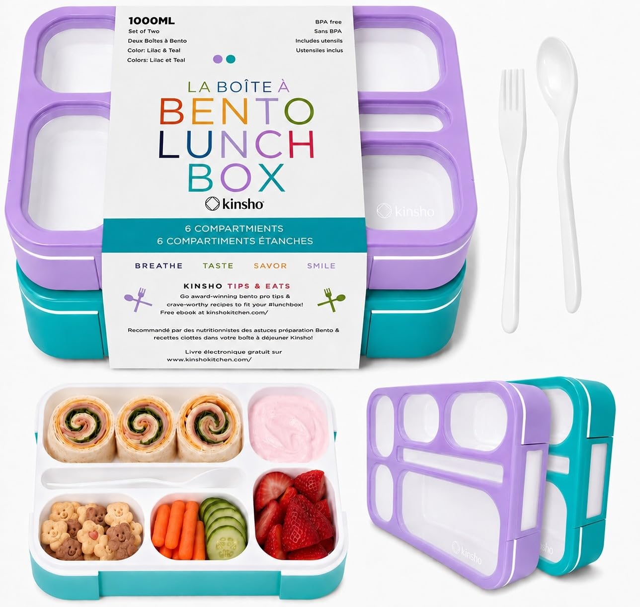 Bento-Box zestaw 2 pudełek na lunch, szczelne pojemniki na porcje do przygotowywania posiłków dla dzieci i dorosłych, do pracy lub szkoły, na lunch i przekąski, nie zawiera BPA, fioletowy