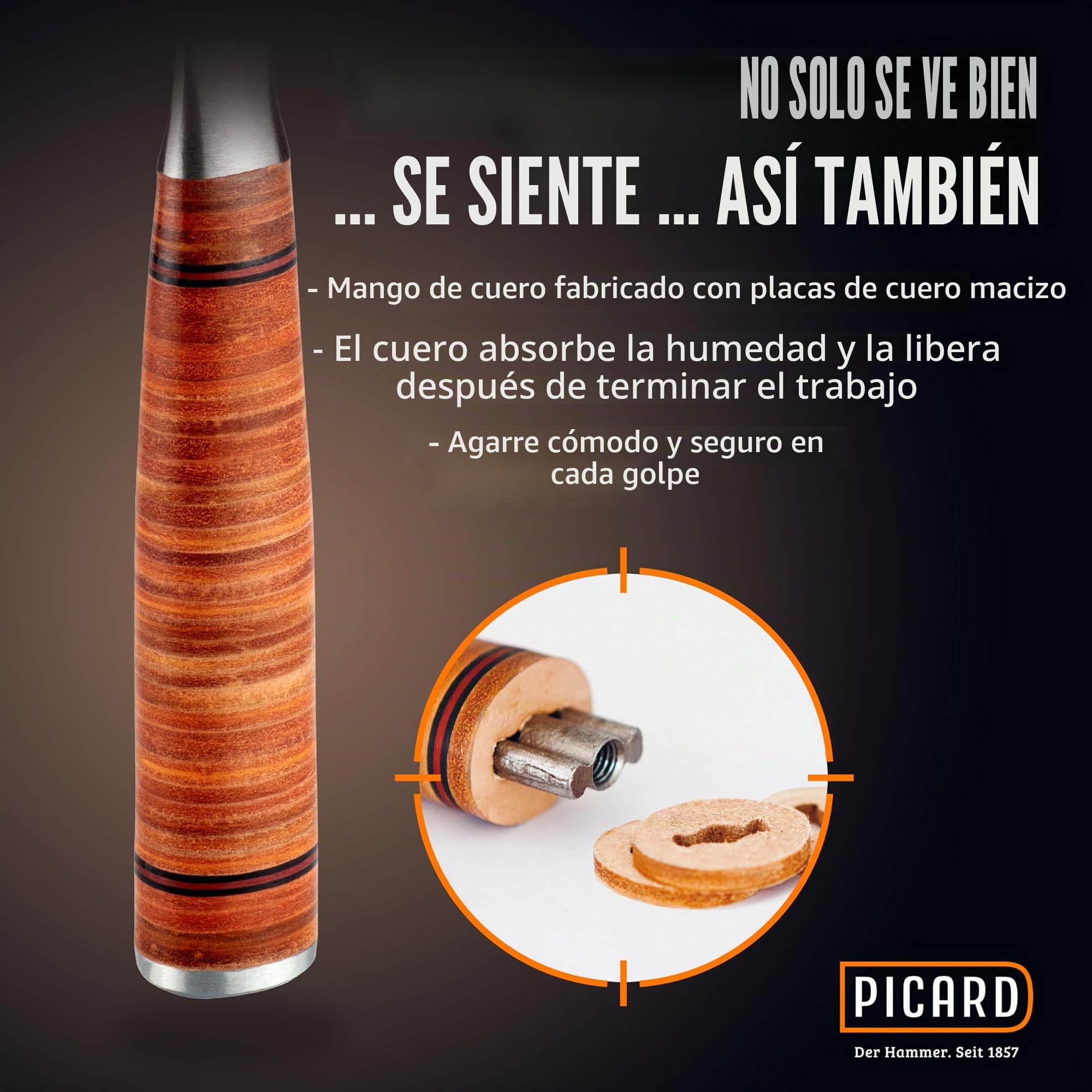 PICARD Martillo de carpintero de acero inoxidable Nº 790 liso | Soporte magnético para clavos | Mango de cuero de núcleo resistente a la torsión | Peso: 907 g | Ideal para techadores y carpinteros |