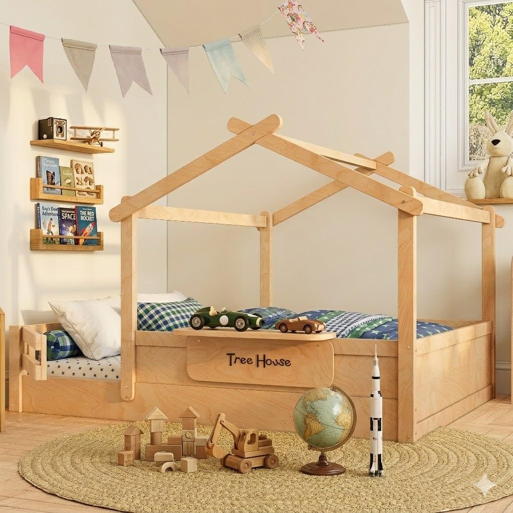 Bellemave Montessori House Floor Bed with Full Safety Guardrails, Built-in Storage Tray & Customizable Nameplate, Solid Pine Wood Kids Bed Frame, Easy Assembly