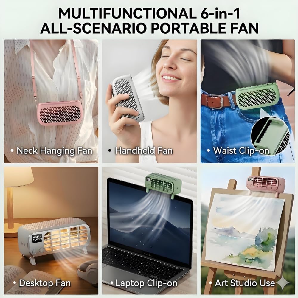 5 in 1 Portable Waist Clip Fan, Personal Neck and Handheld Fan, Small Desk and Monitor Clip on Cooling Fan, 24000mAh Cordless 6H Runtime, 5 Speeds, 30dB Quiet (A)
