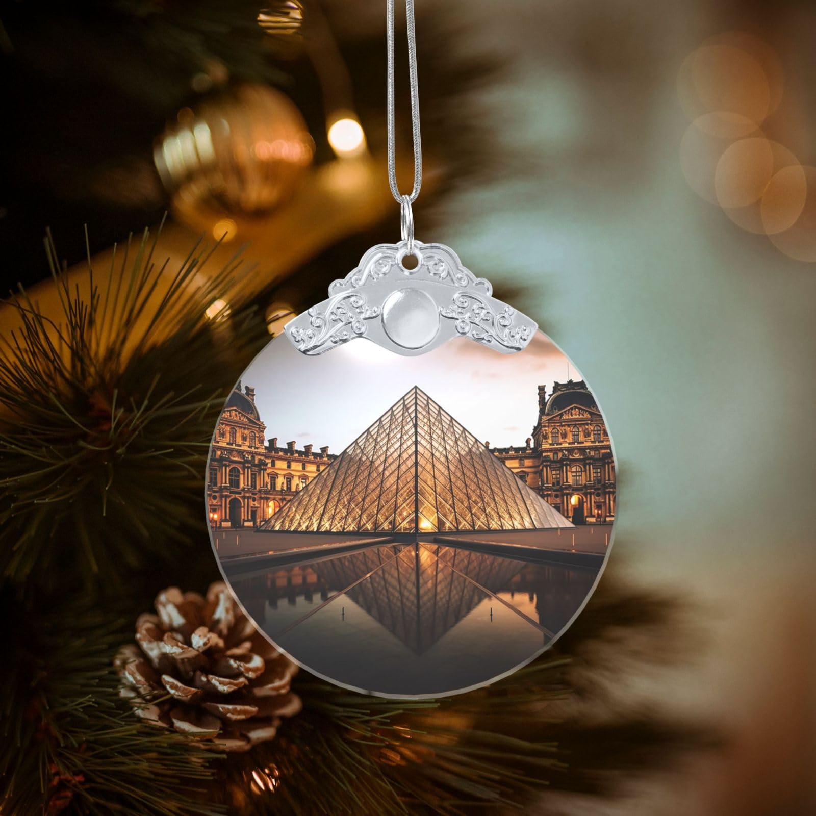 Louvre Museum in Paris Christmas Ornament 2025, Round Glass Xmas Hanging Pendant for Xmas Tree Decoration,Cute Holiday Hanging Decorations Keepsake for New Year Family Party Wedding Decor