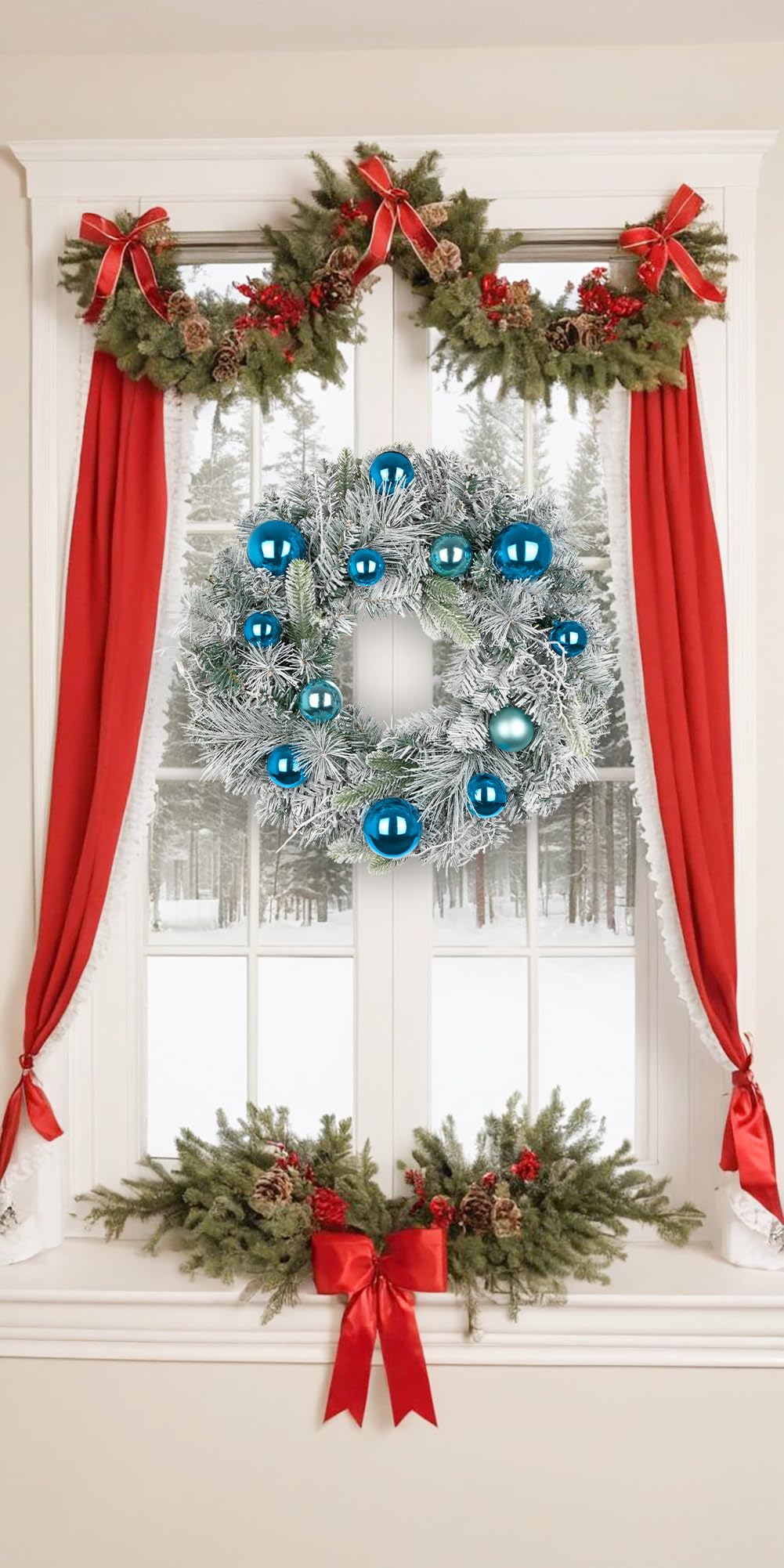 Oairse Couronne de Noël de 61 cm pour porte d'entrée, grande couronne de porte avec boules bleues, grande couronne artificielle décorative avec pin enneigé, décorations de Noël à suspendre pour