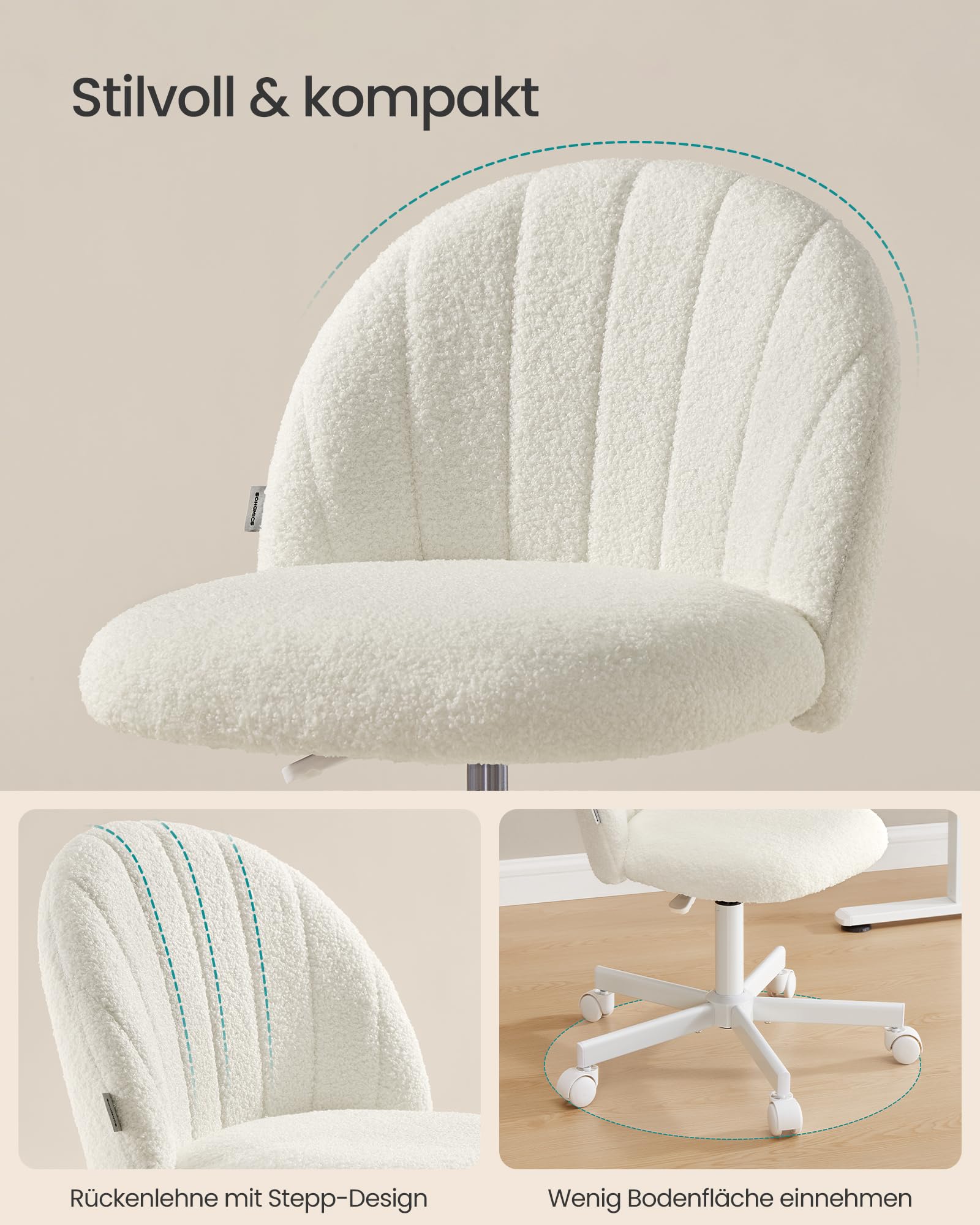 SONGMICS Homeoffice-Stuhl, Schminkstuhl aus Fleece, Schreibtischstuhl, Schaumstoffpolsterung, höhenverstellbar, für Arbeitszimmer, Schlafzimmer, Ankleidezimmer, cremeweiß OBG027WD01