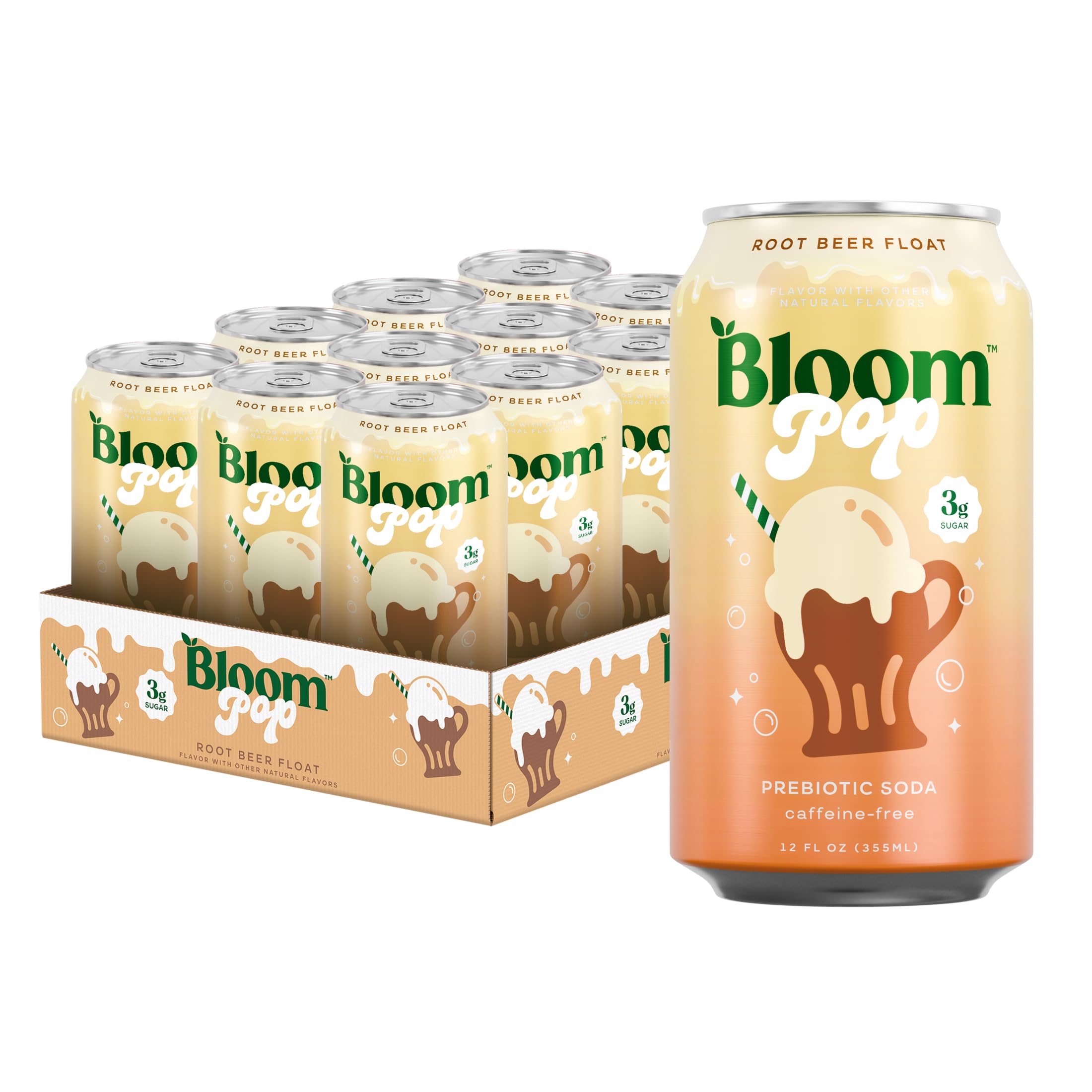 Bloom Pop Prebiotic Soda 12 Pack, Rootbeer Float Flavor, 12oz Cans | Prebiotic Soda for Gut Health, Low Calorie Soda, No Caffeine, Healthy Soft Drink Alternative, Rootbeer Float