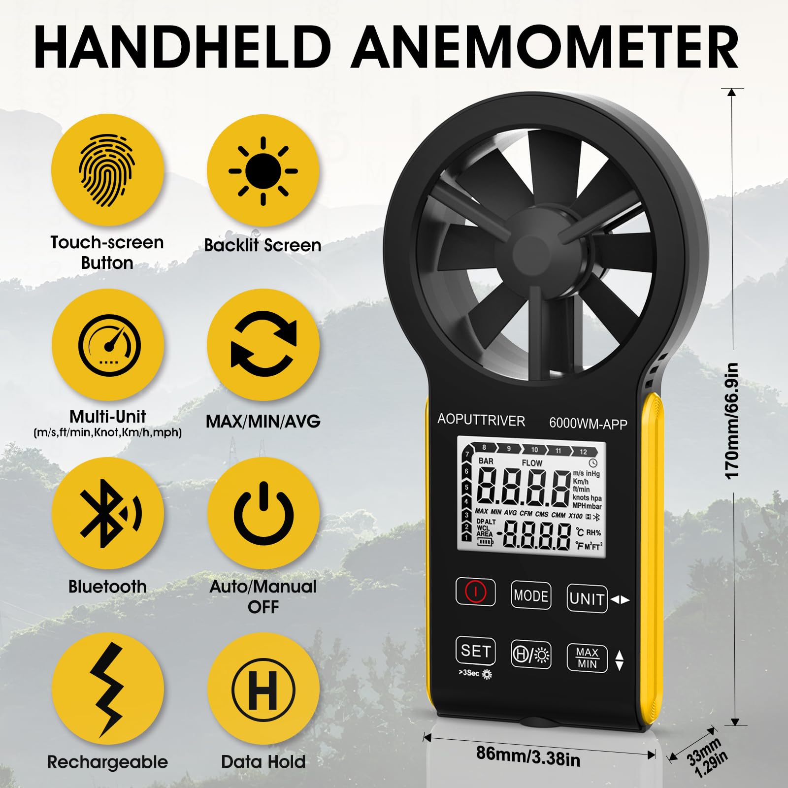 Handheld Windmesser mit APP Anemometer, CFM Anemometer mit Temperatur (°C/°F), 5 Einheiten, Windgeschwindigkeits-, Luftvolumen- und Temperaturmessung für HVAC, Schifffahrt-AP-6000WM-APP